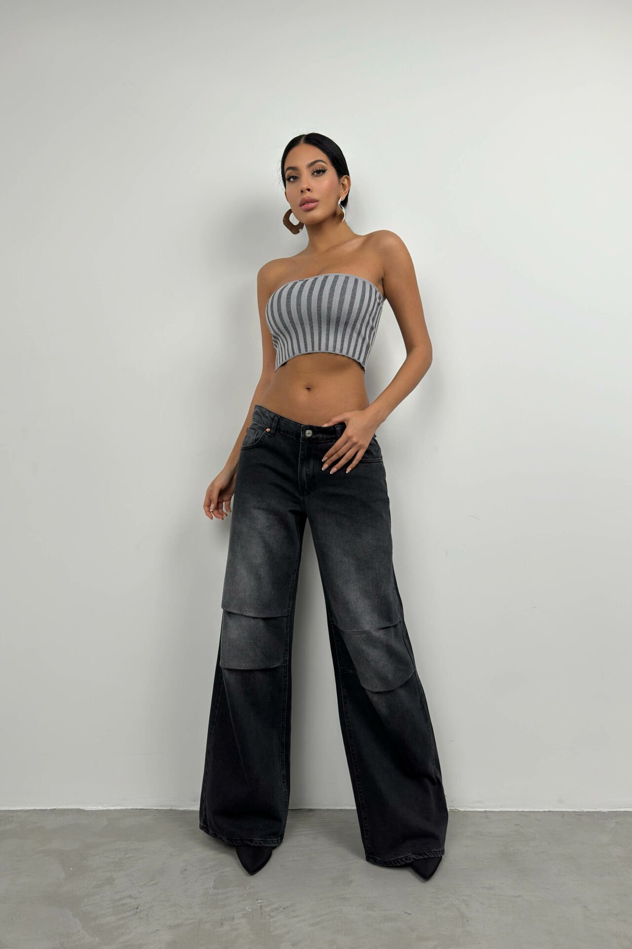 Toptan Straplez Fitilli Gri Crop