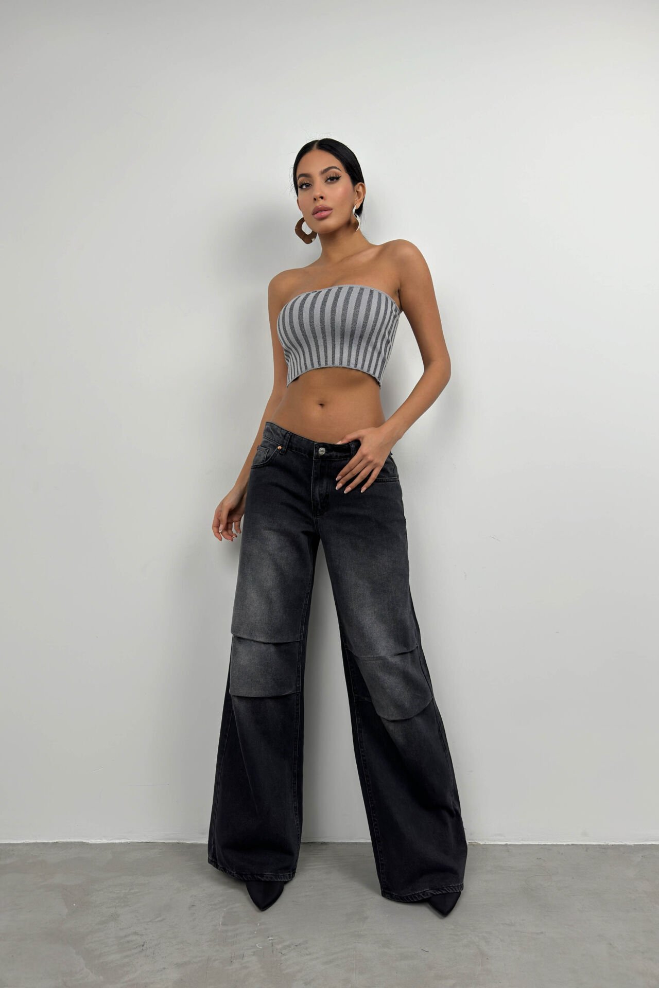 Toptan Straplez Fitilli Gri Crop