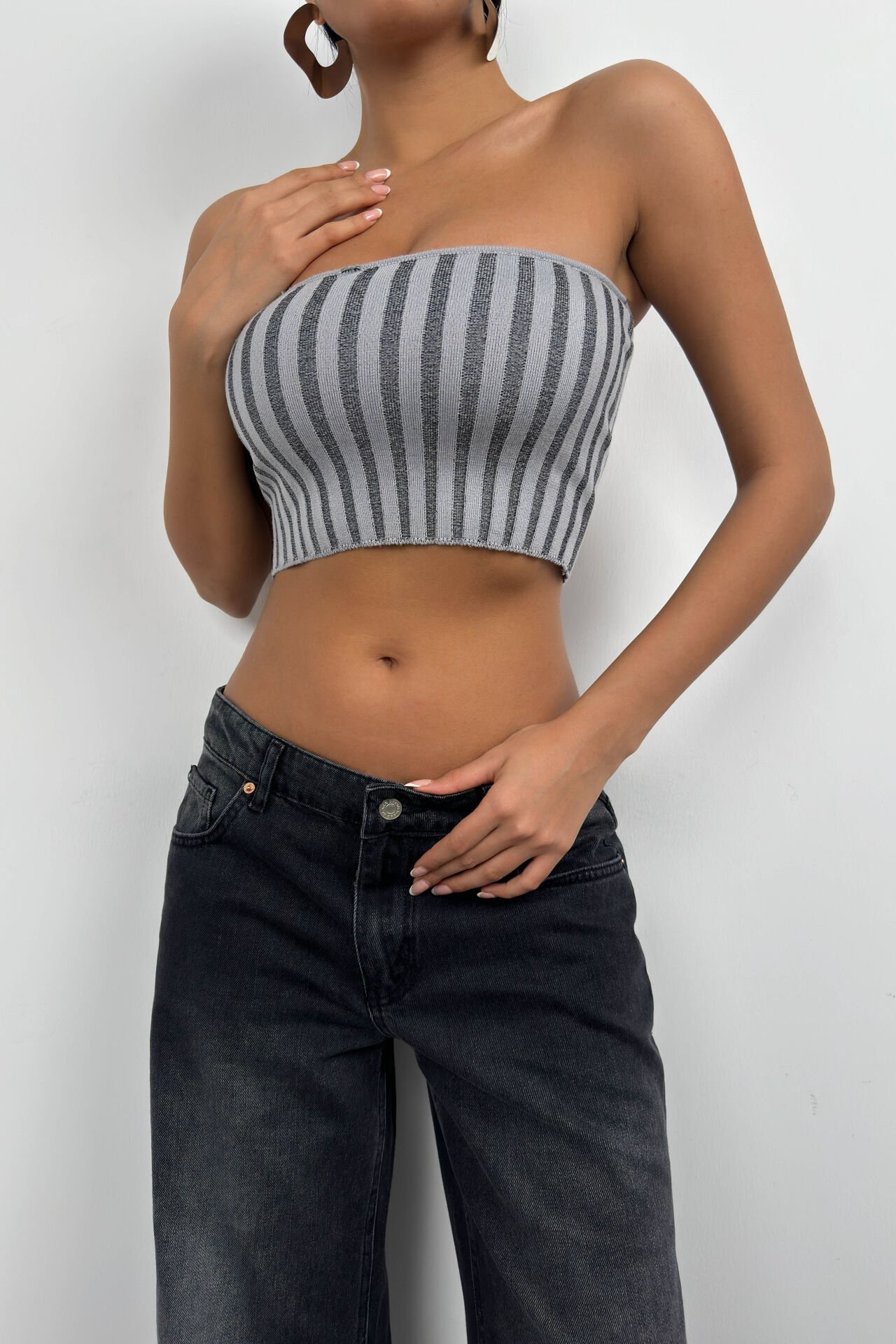 Toptan Straplez Fitilli Gri Crop