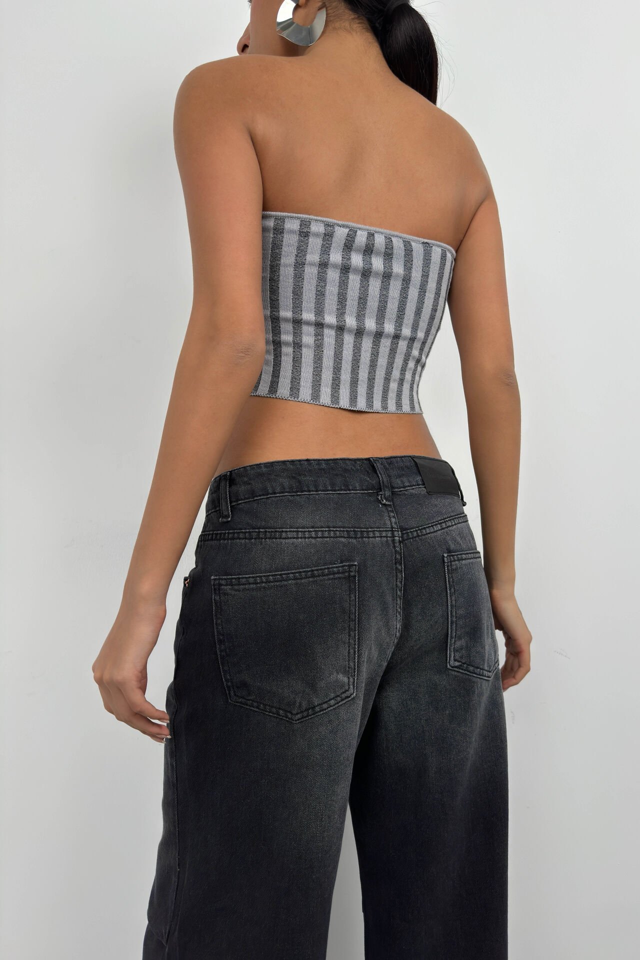 Toptan Straplez Fitilli Gri Crop