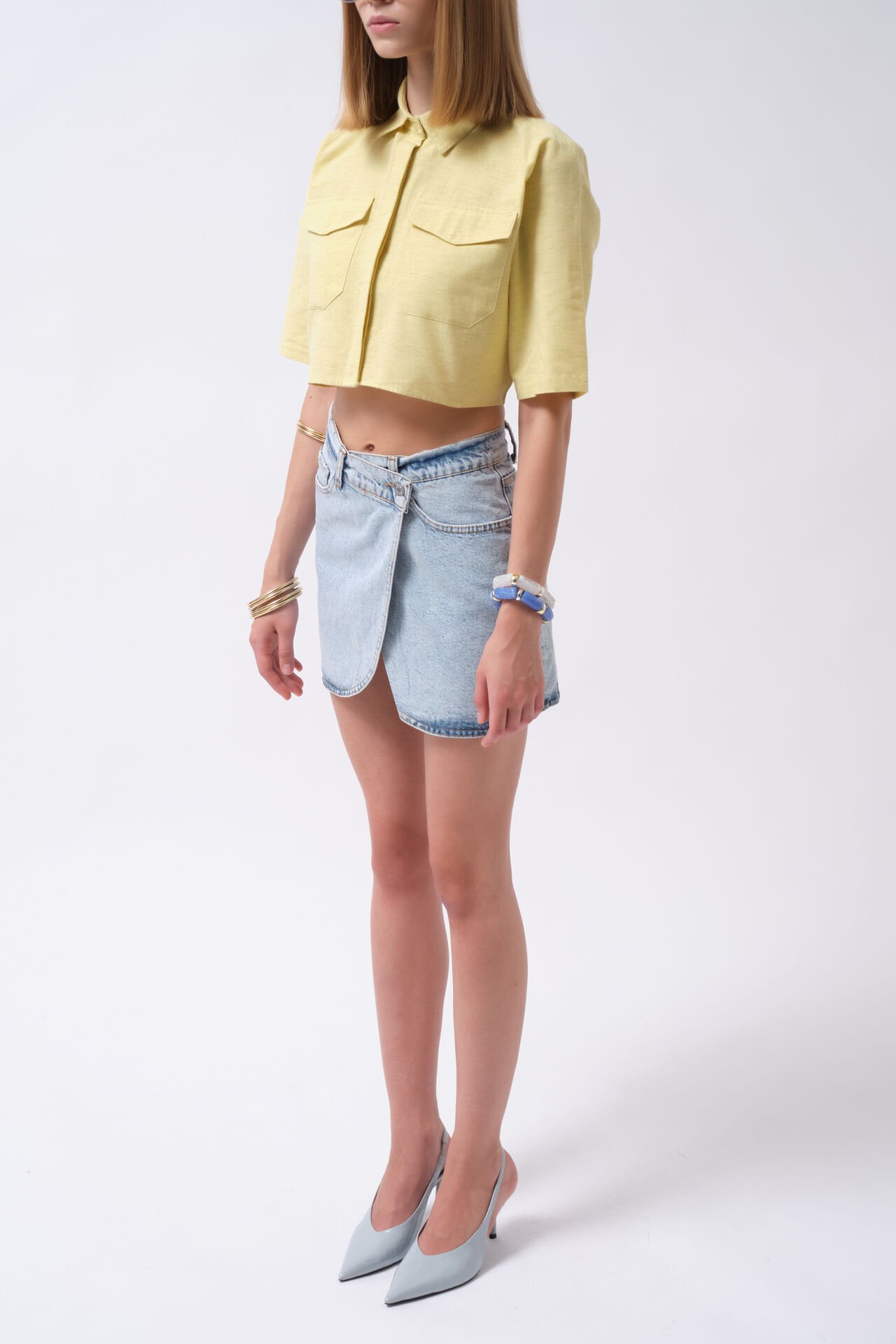 Wholesale Pocket Detail Half Sleeve Crop Yellow Shirt