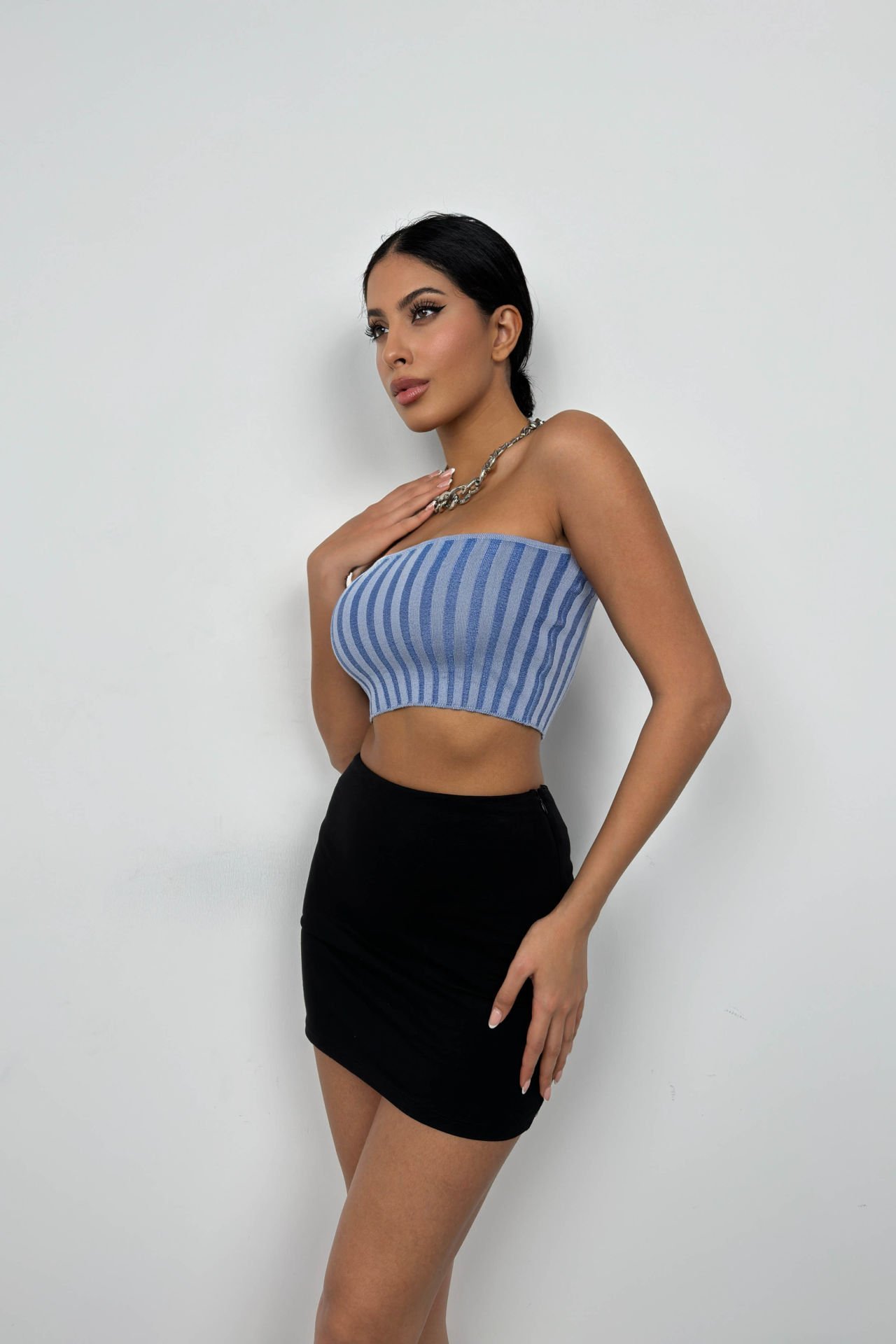 Toptan Straplez Fitilli Mavi Crop