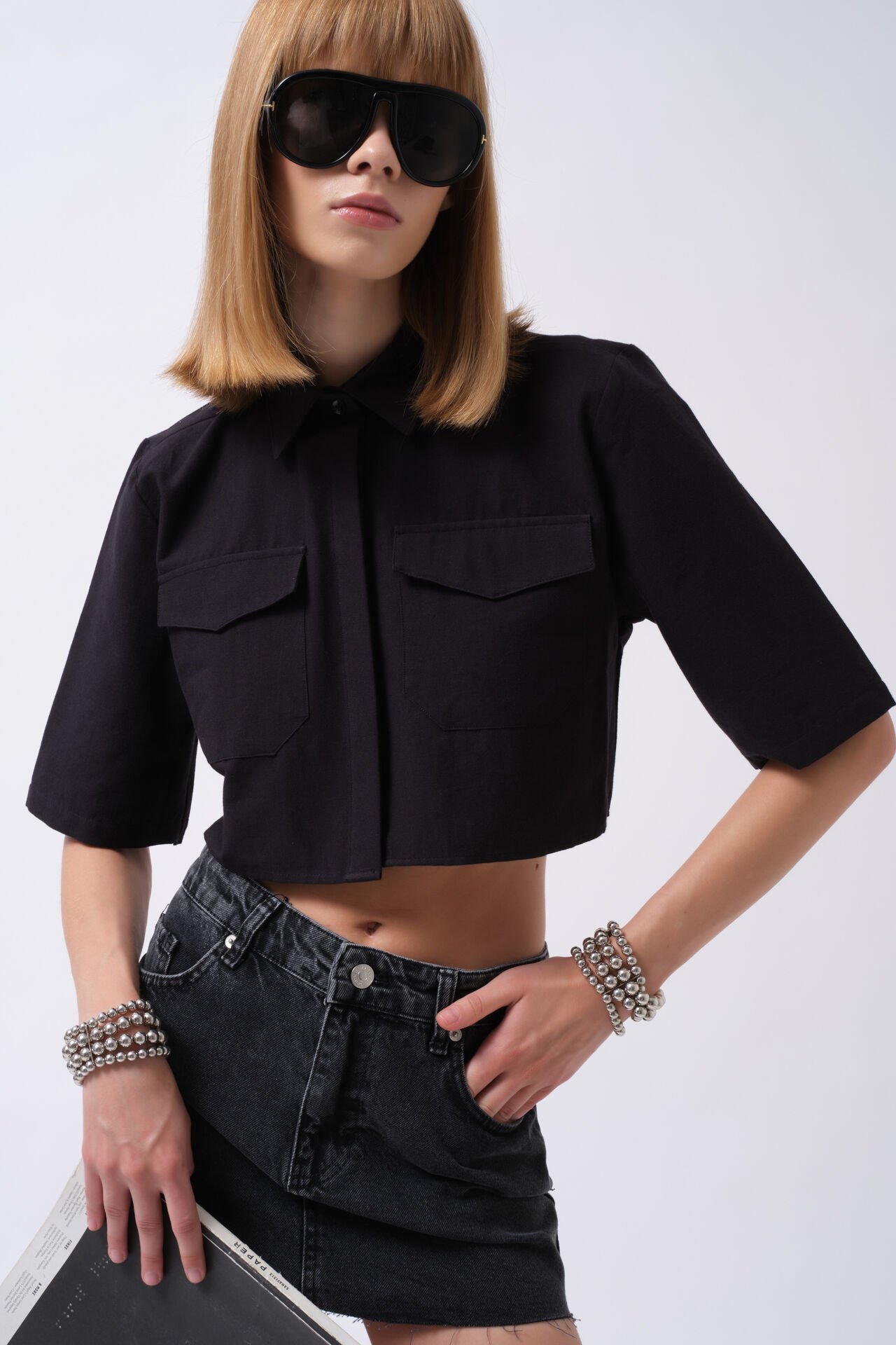 Wholesale Pocket Detail Half Sleeve Crop Black Shirt