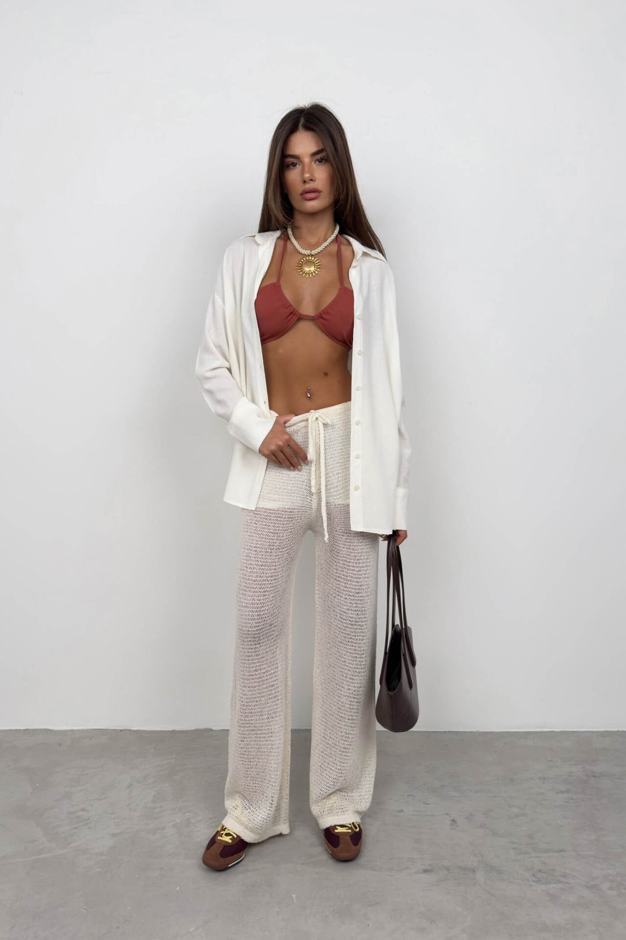 Toptan Tünel Detay Ekru Örgü Pantolon