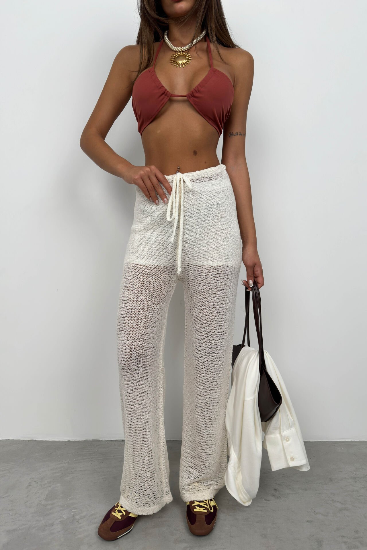 Toptan Tünel Detay Ekru Örgü Pantolon