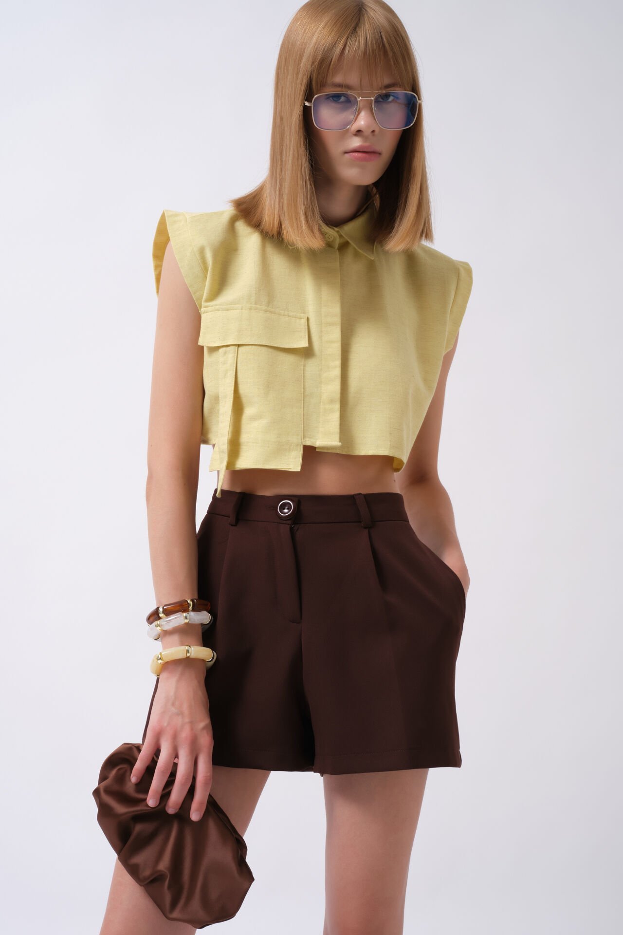 Wholesale Sleeveless Yellow Shirt with Pocket Detail