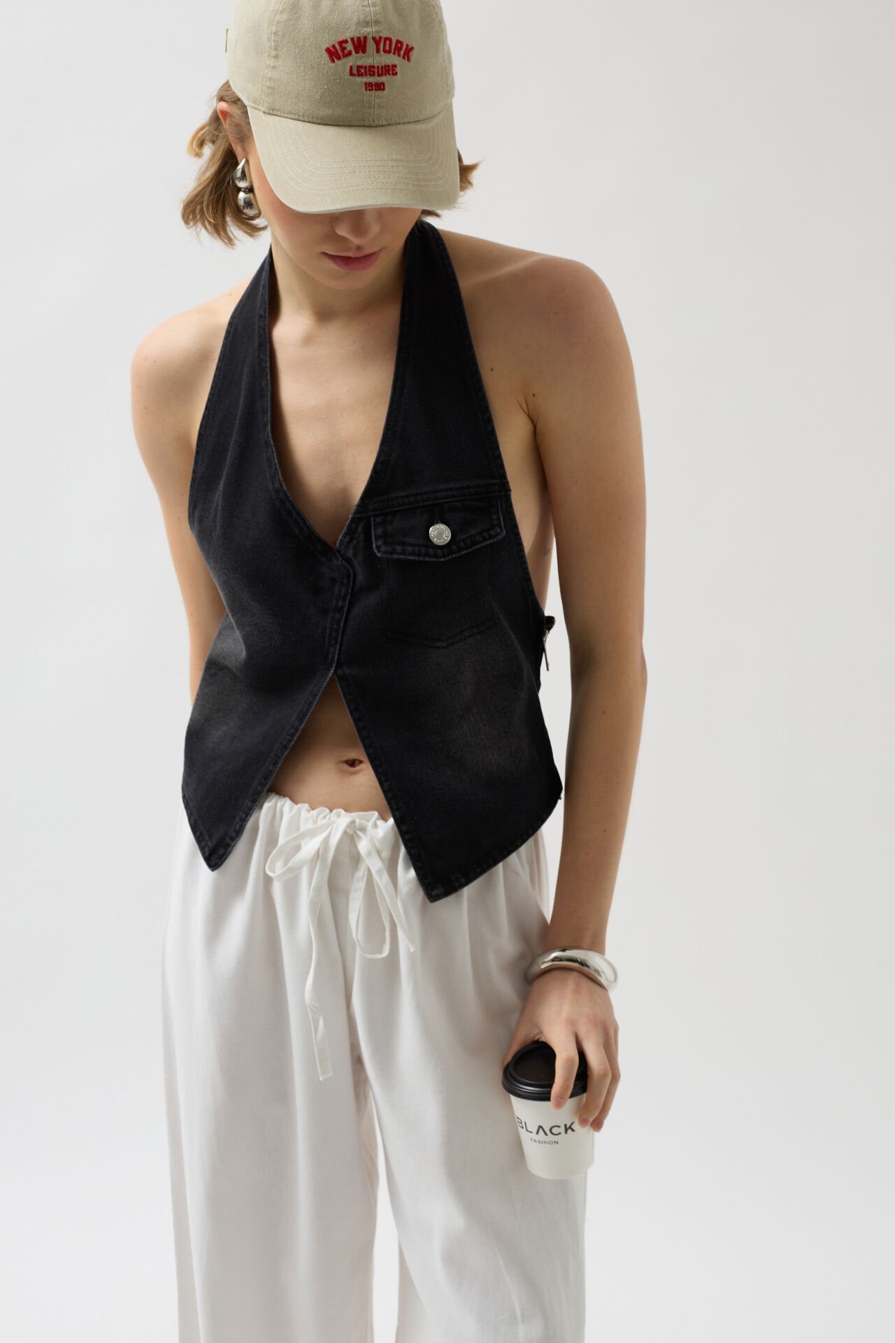 Wholesale Asymmetrical Denim Black Vest