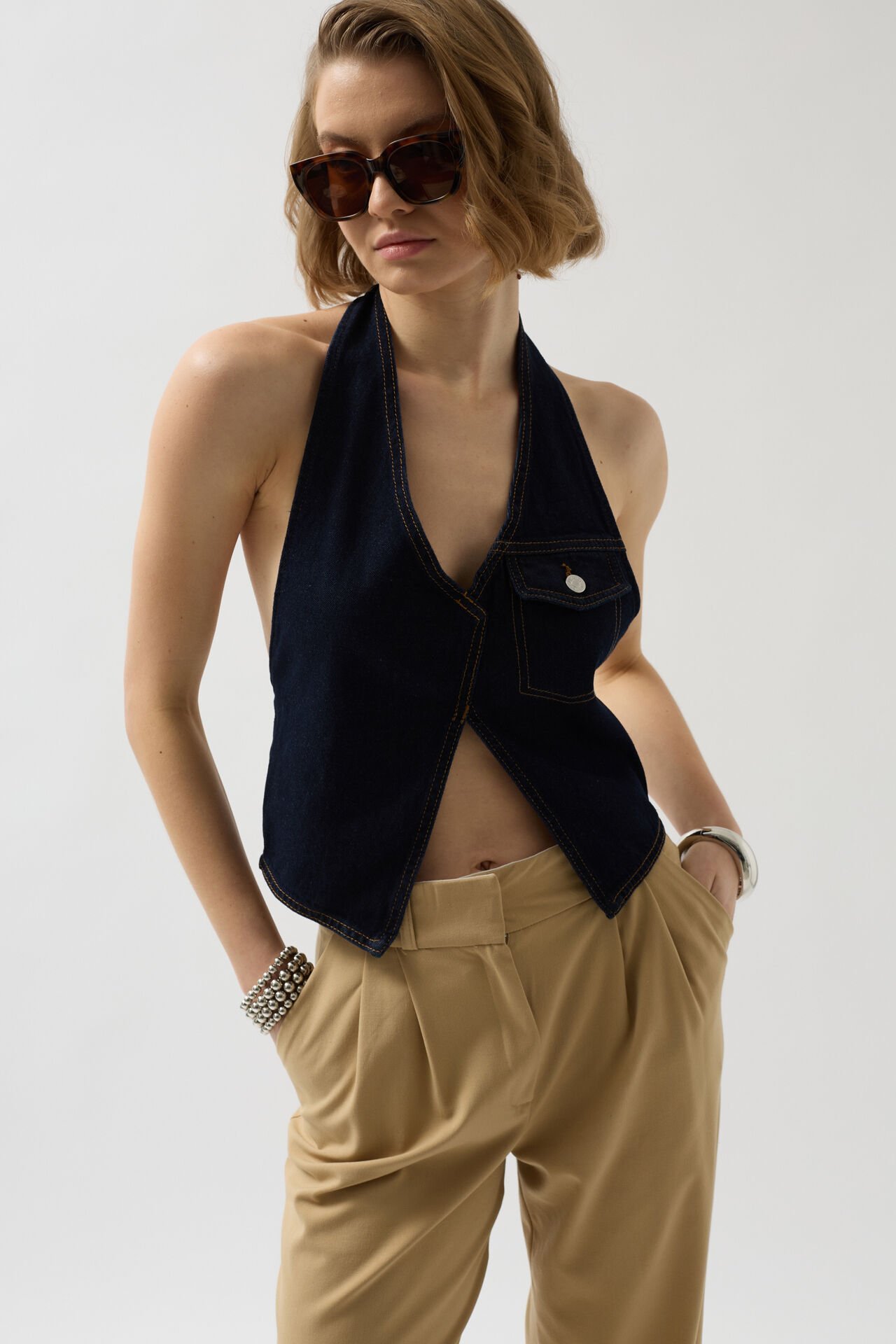 Wholesale Asymmetric Denim Blue Vest