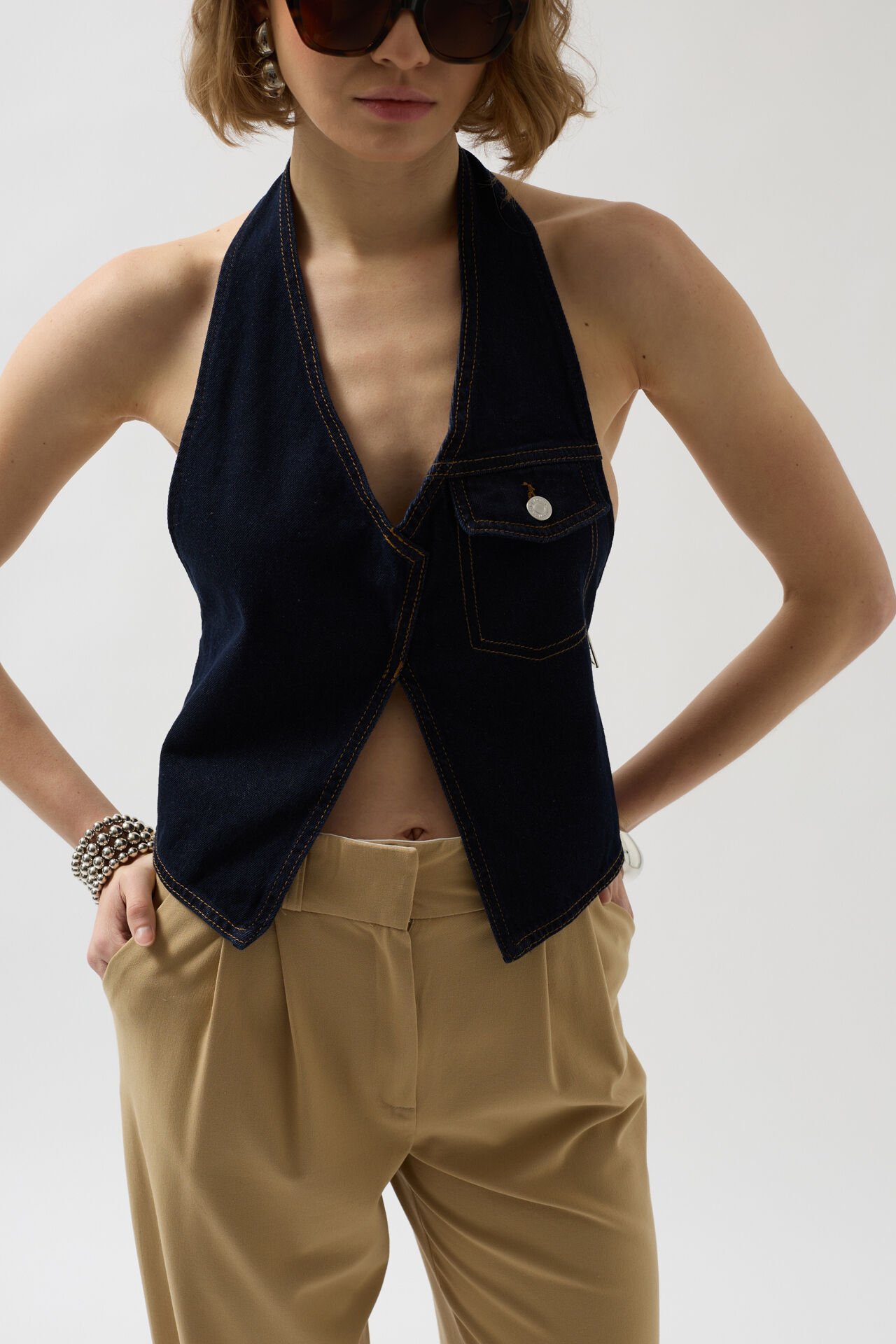 Wholesale Asymmetric Denim Blue Vest