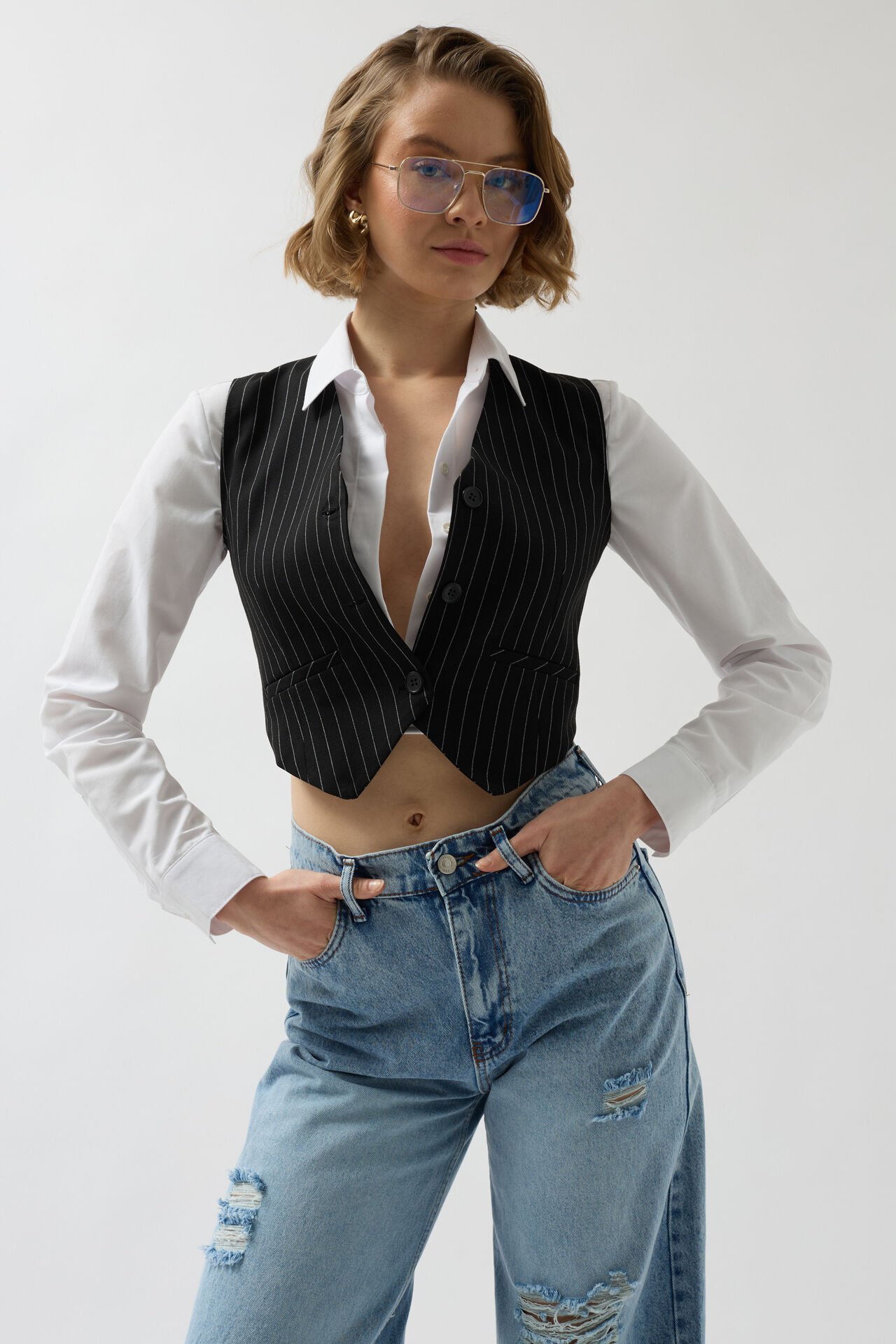 Toptan Çizgili Siyah Yelek