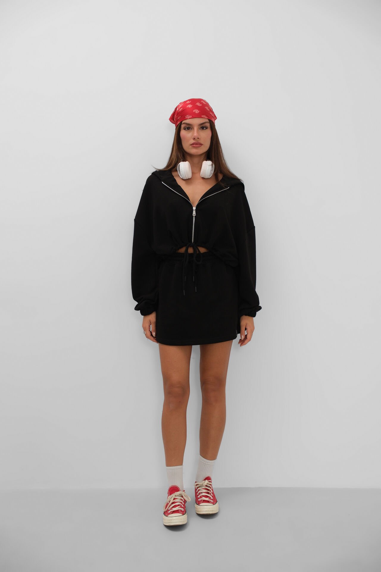 Toptan Beli Lastikli Fermuarlı Siyah Sweatshirt