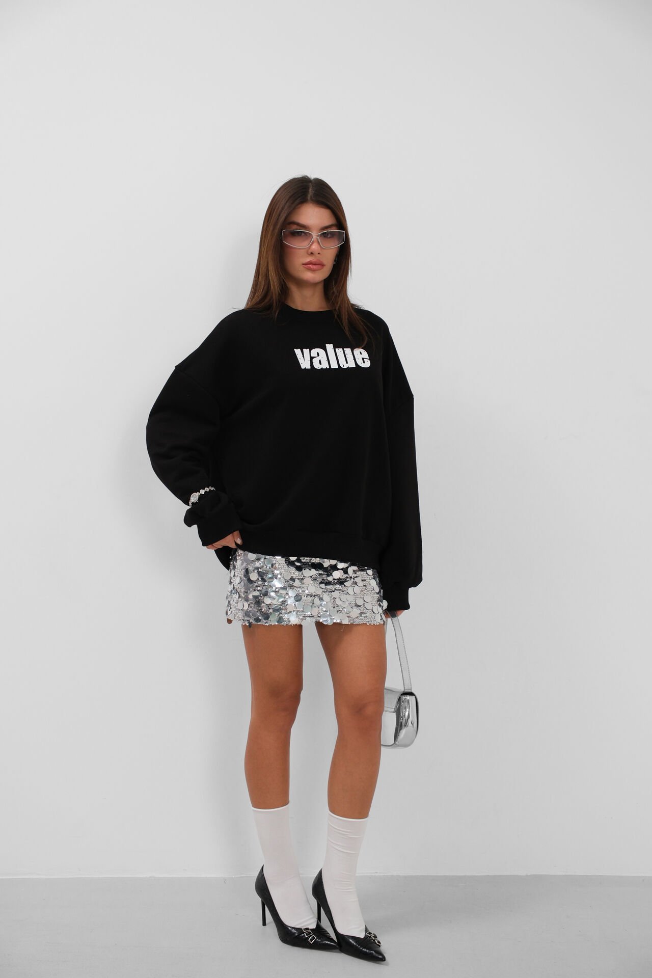 Toptan Baskılı Sıfır Yaka Oversize Siyah Sweatshirt