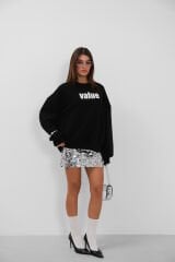 Toptan Baskılı Sıfır Yaka Oversize Siyah Sweatshirt