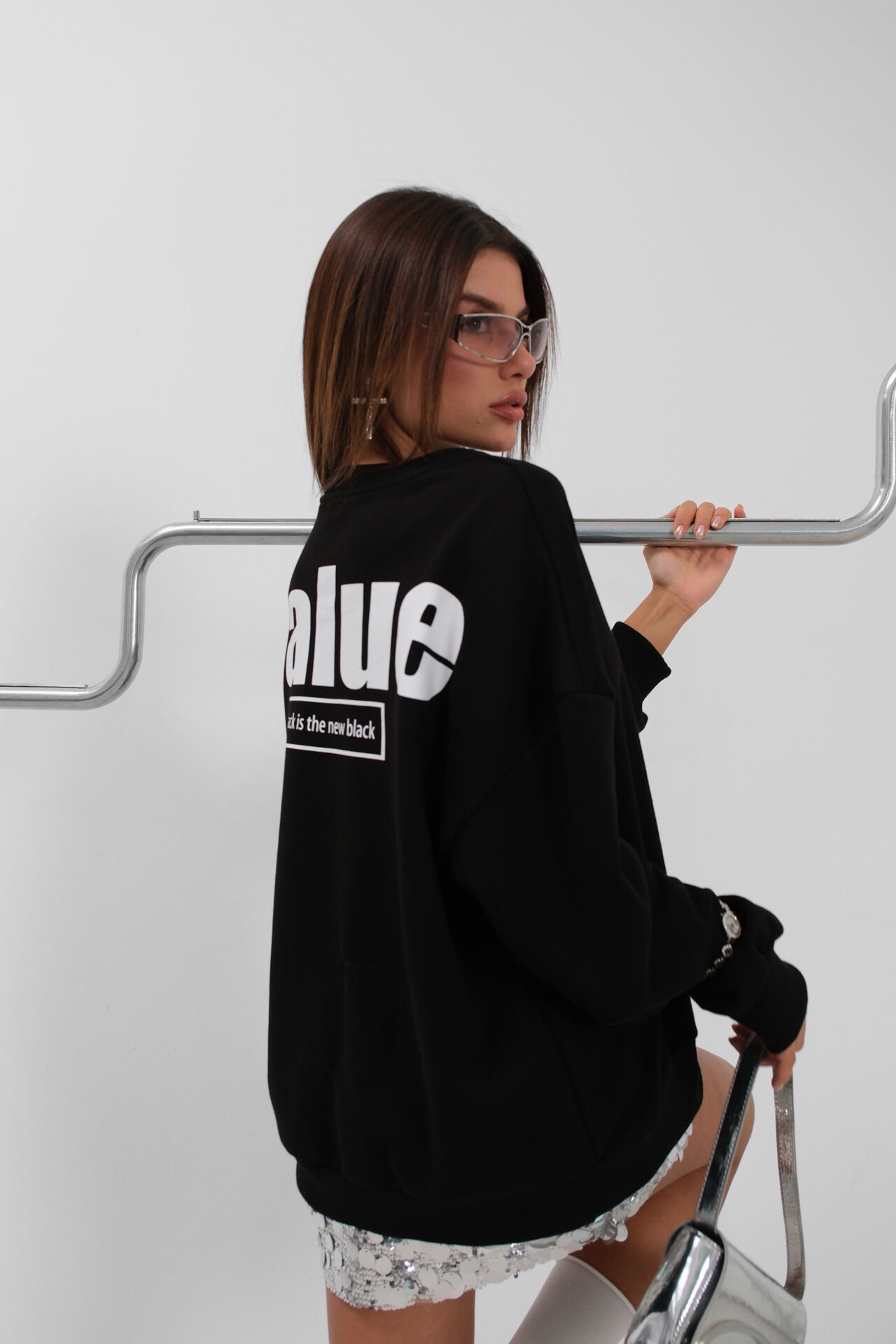 Toptan Baskılı Sıfır Yaka Oversize Siyah Sweatshirt