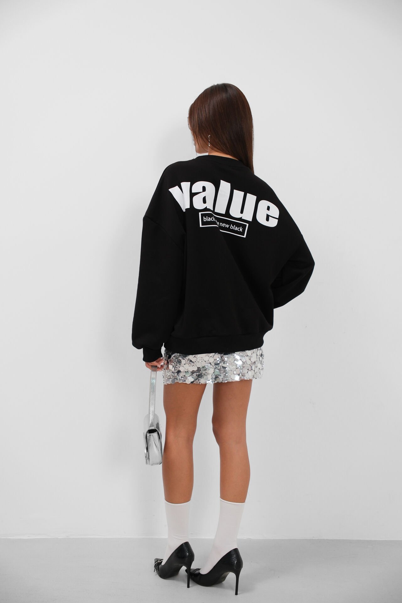 Toptan Baskılı Sıfır Yaka Oversize Siyah Sweatshirt