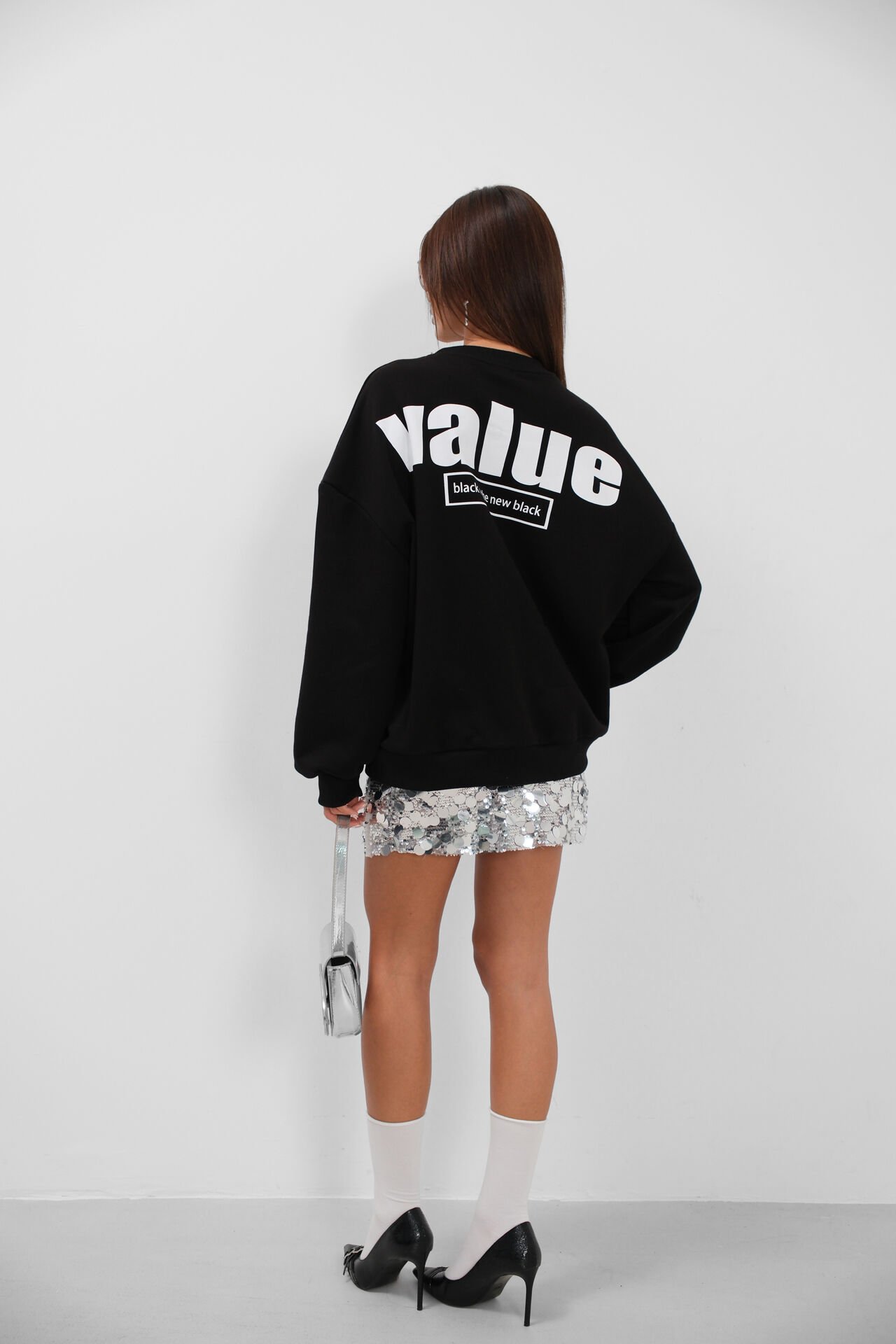 Toptan Baskılı Sıfır Yaka Oversize Siyah Sweatshirt