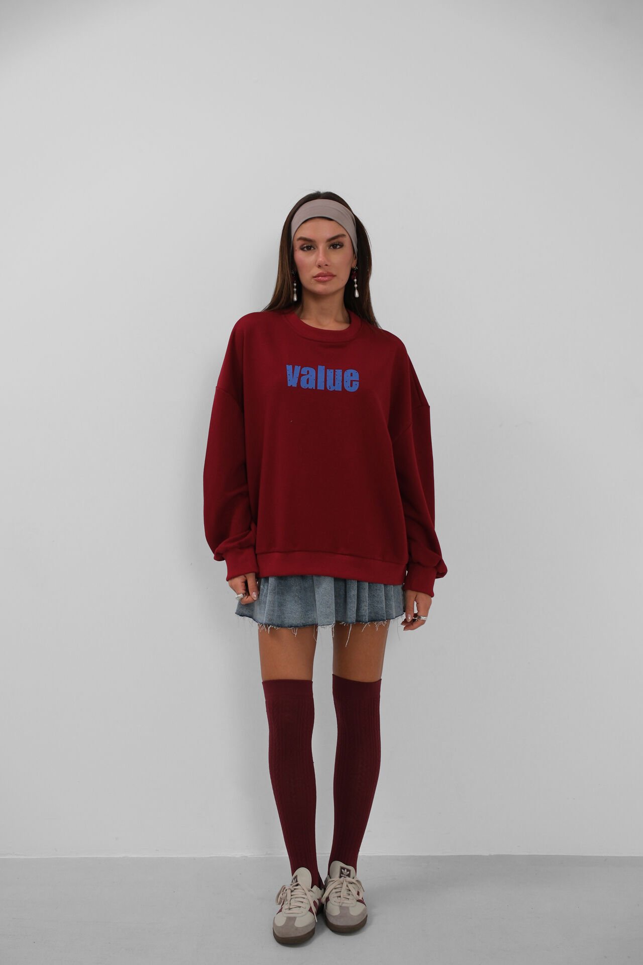 Toptan Baskılı Sıfır Yaka Oversize Bordo Sweatshirt
