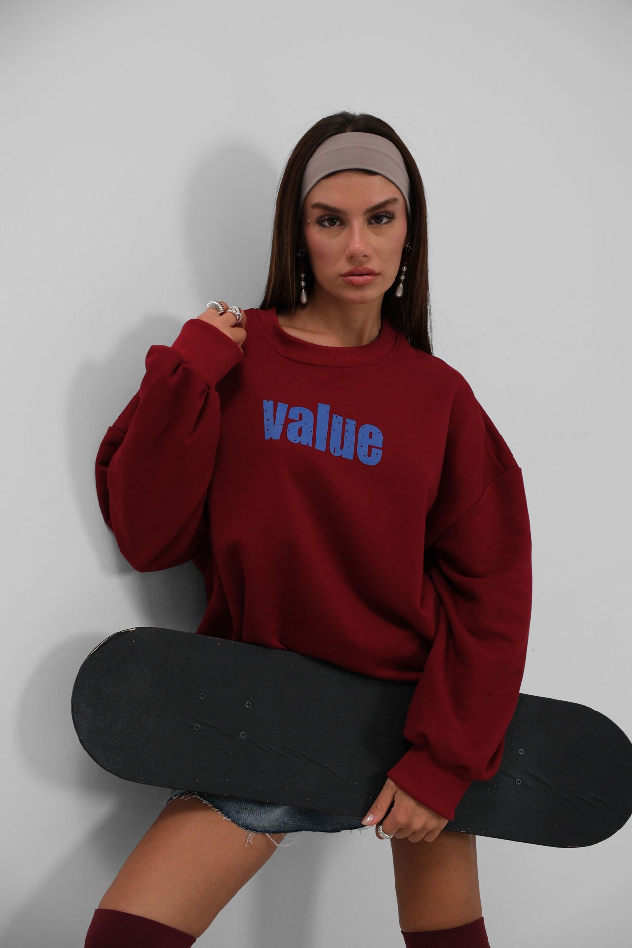 Toptan Baskılı Sıfır Yaka Oversize Bordo Sweatshirt