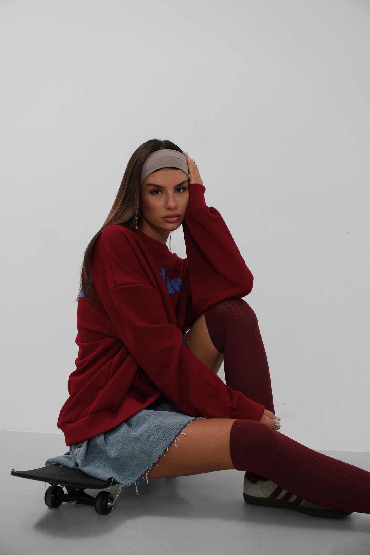 Toptan Baskılı Sıfır Yaka Oversize Bordo Sweatshirt