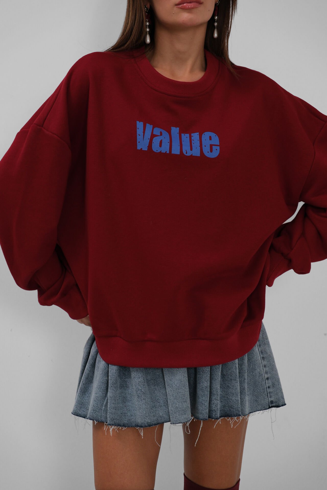 Toptan Baskılı Sıfır Yaka Oversize Bordo Sweatshirt