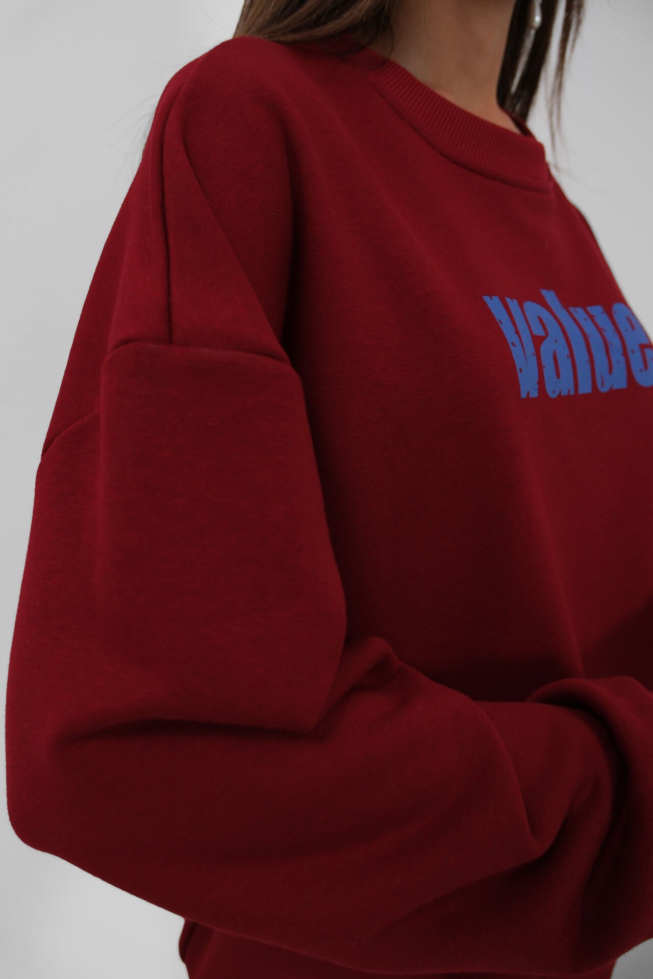 Toptan Baskılı Sıfır Yaka Oversize Bordo Sweatshirt