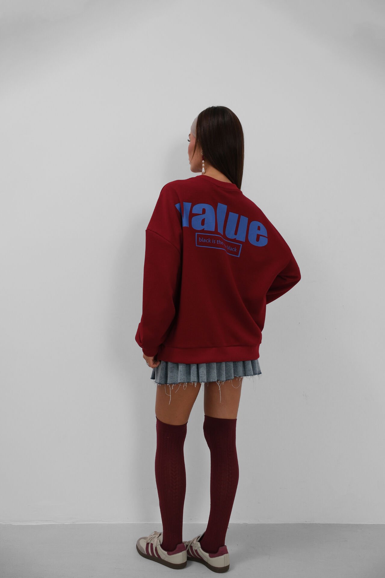 Toptan Baskılı Sıfır Yaka Oversize Bordo Sweatshirt
