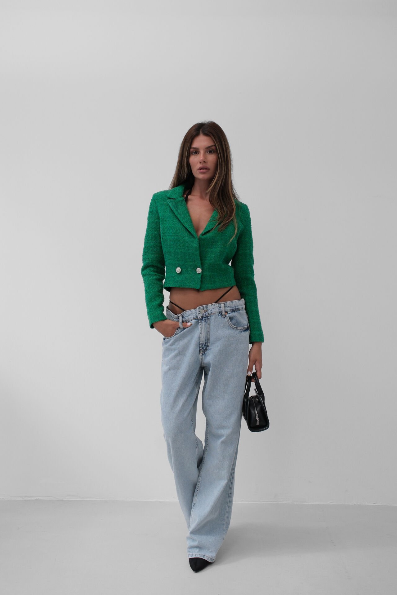 Toptan Tüvit Crop Yeşil Blazer Ceket