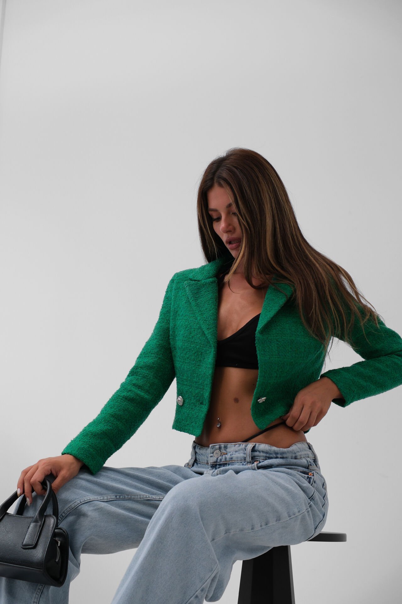 Toptan Tüvit Crop Yeşil Blazer Ceket