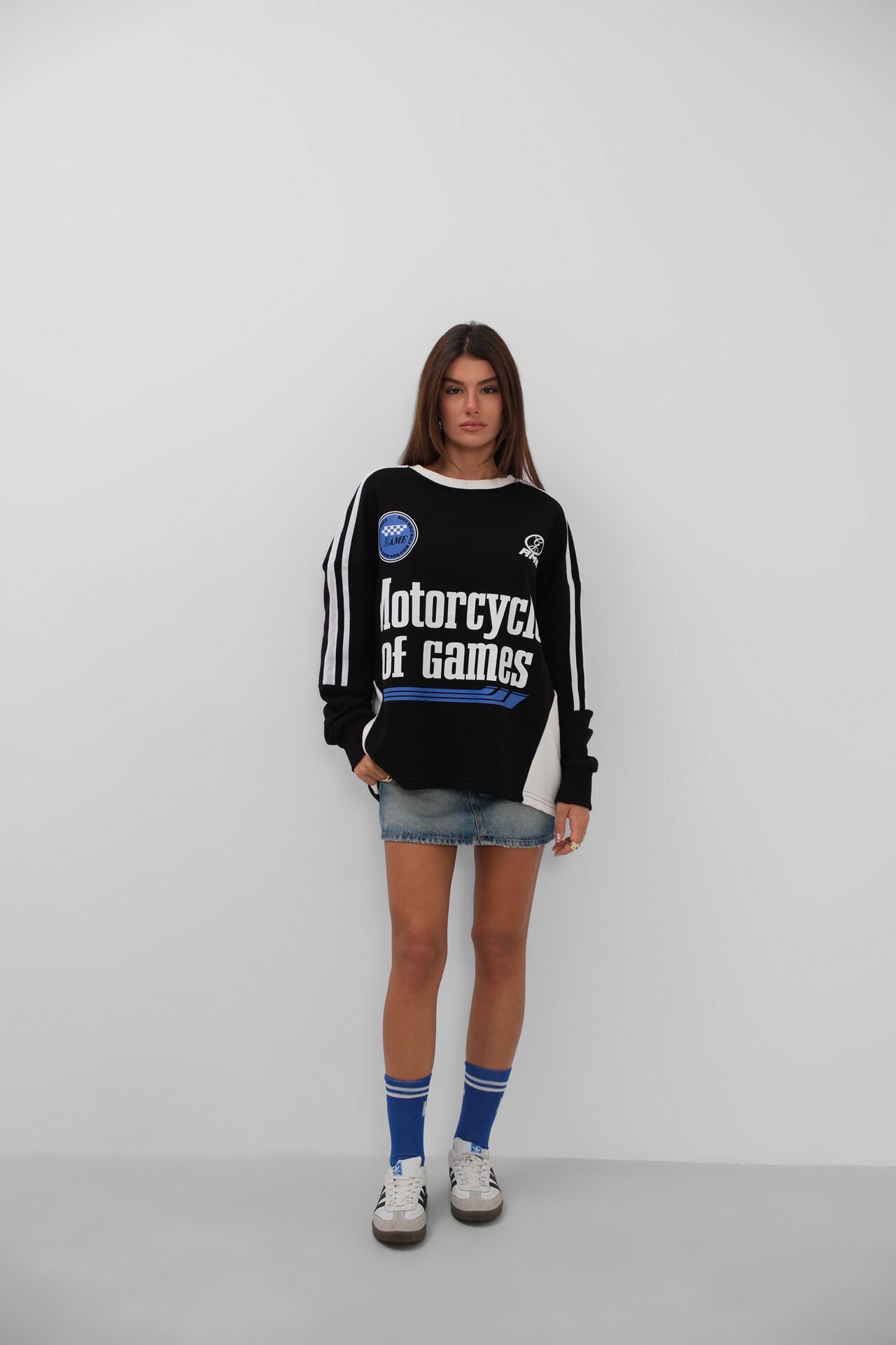 Toptan Şerit Detay Baskılı Oversize Siyah Sweatshirt