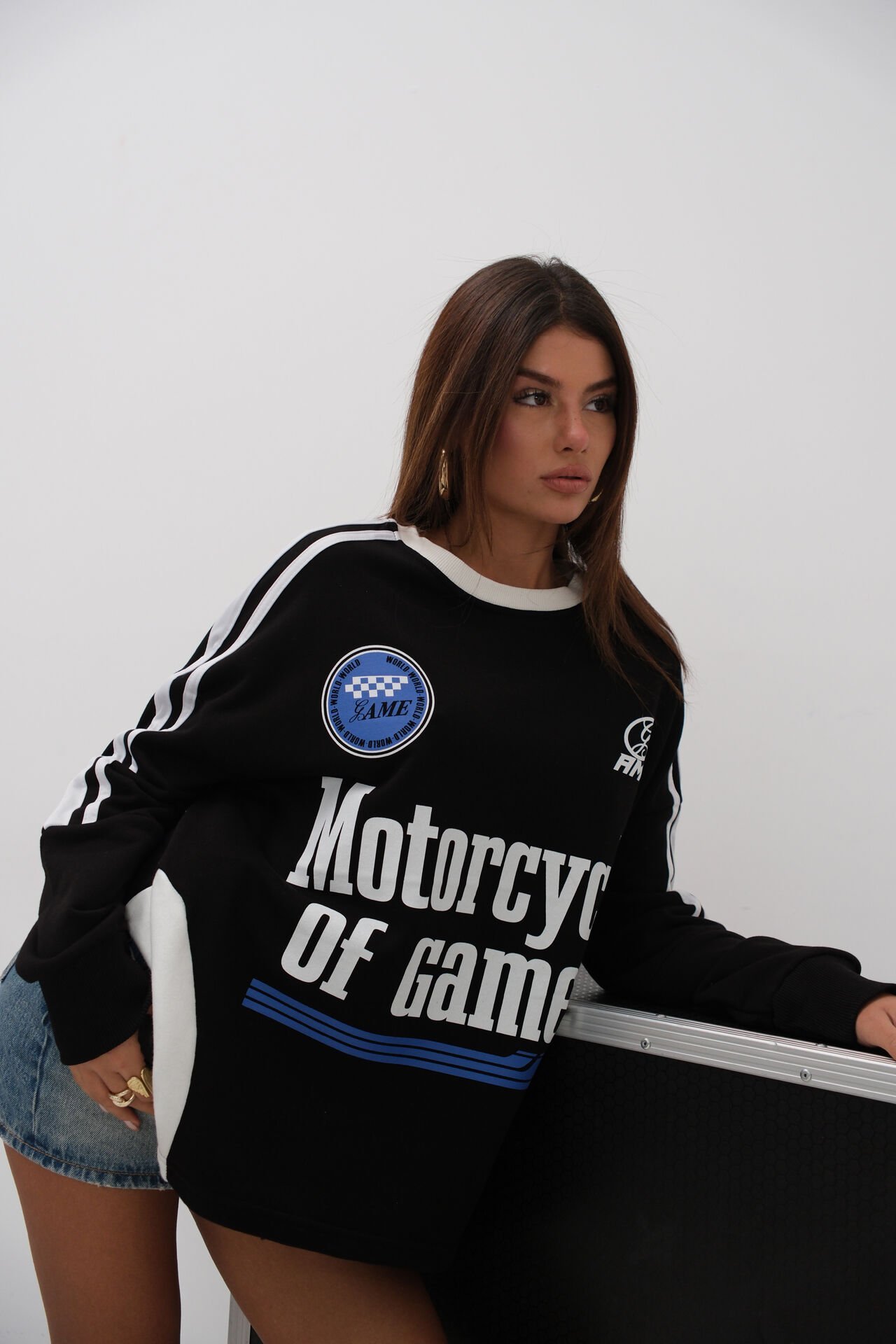 Toptan Şerit Detay Baskılı Oversize Siyah Sweatshirt