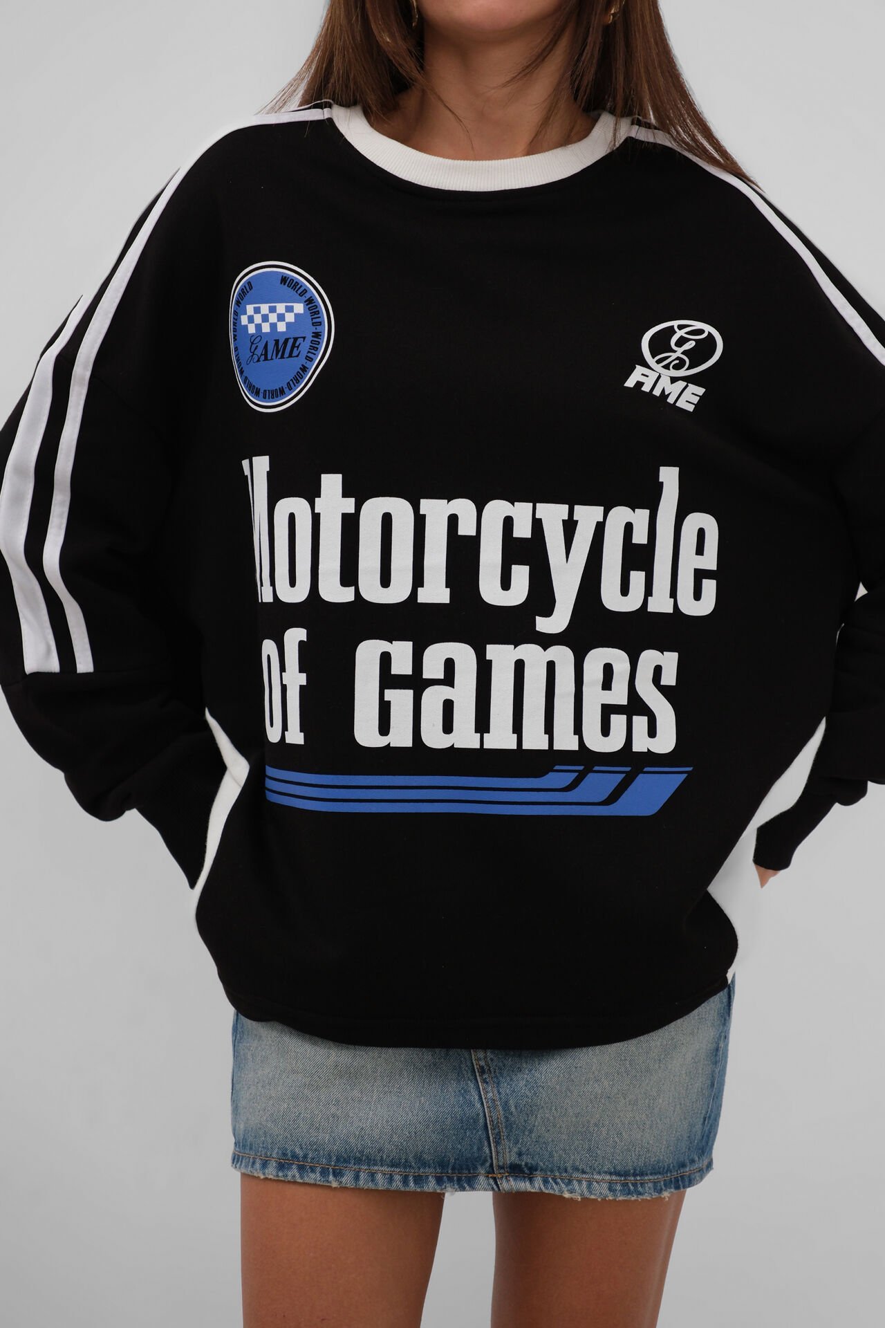 Toptan Şerit Detay Baskılı Oversize Siyah Sweatshirt