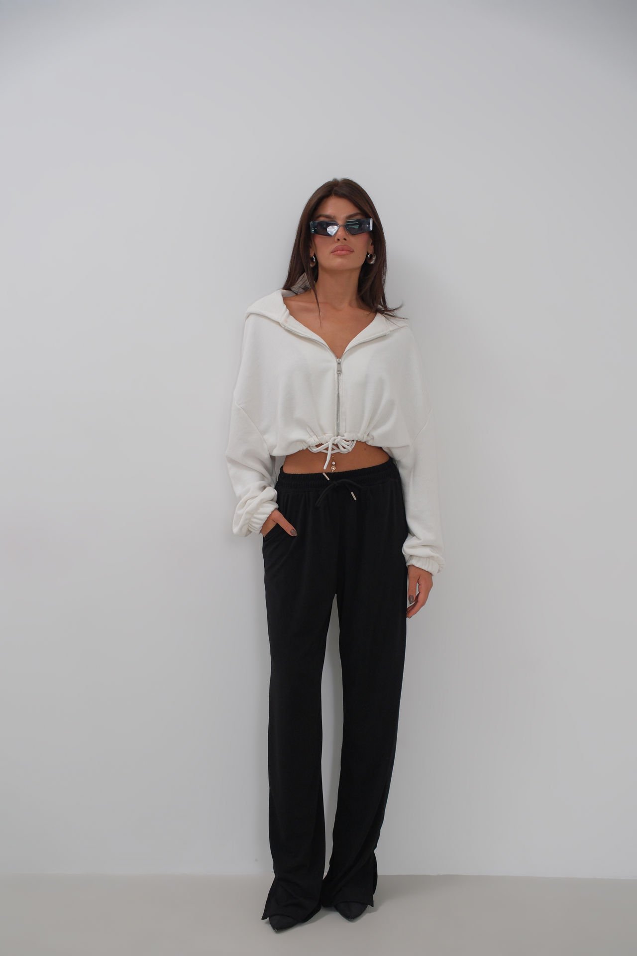 Wholesale Black Trousers with Elastic Waist and Slit Detail