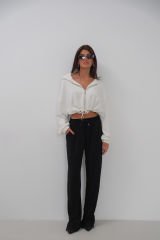 Wholesale Black Trousers with Elastic Waist and Slit Detail