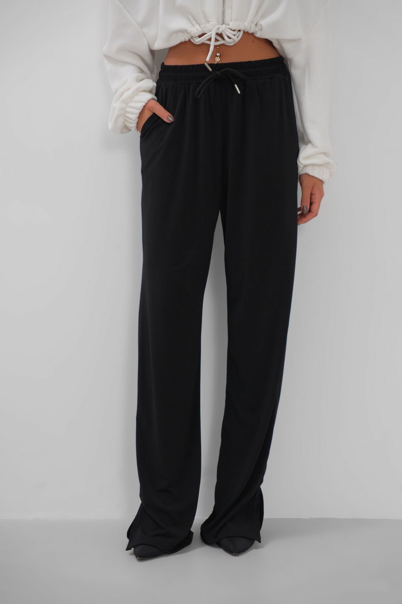 Wholesale Black Trousers with Elastic Waist and Slit Detail