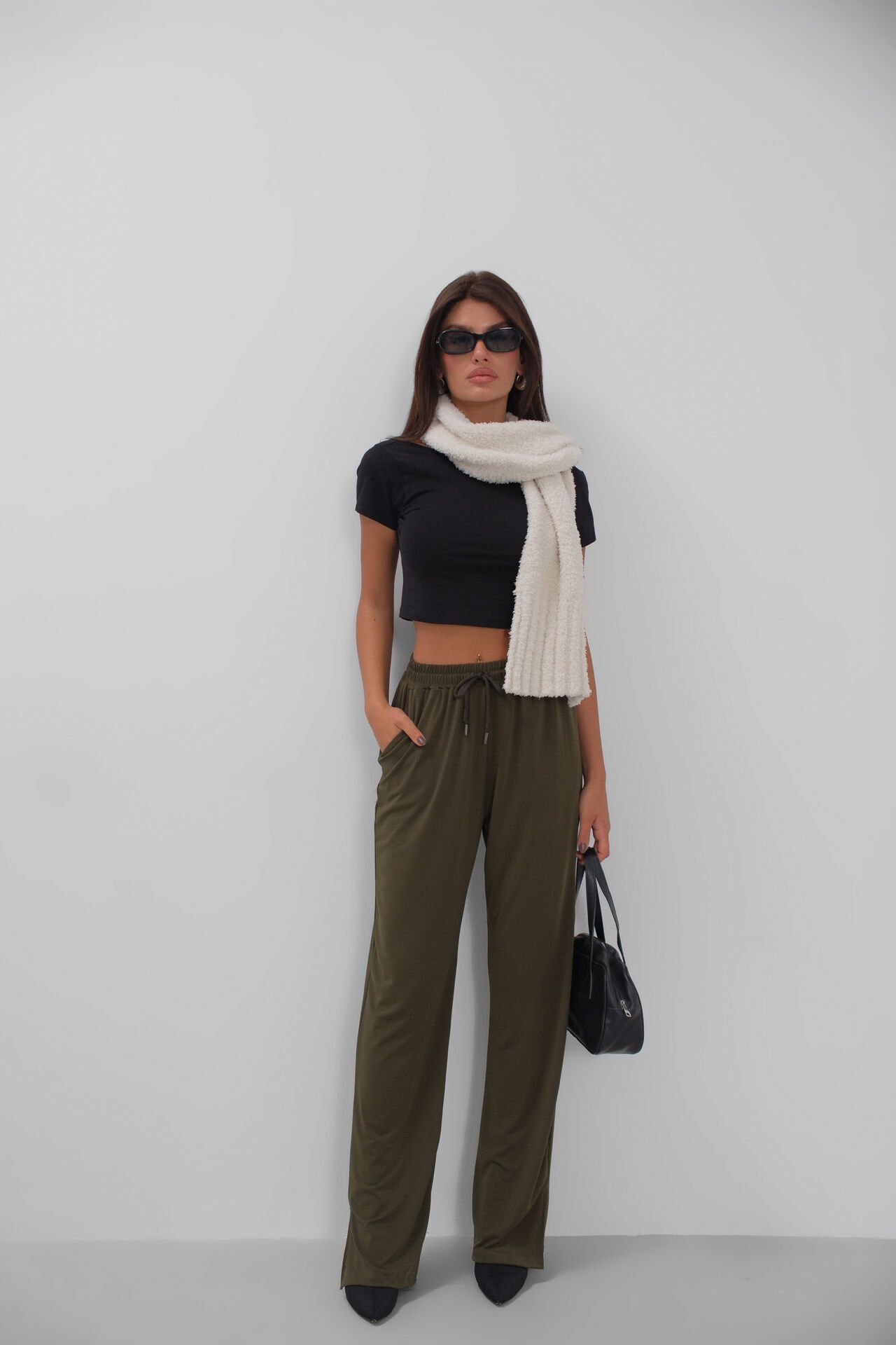 Wholesale Khaki Trousers with Elastic Waist and Slit Detail