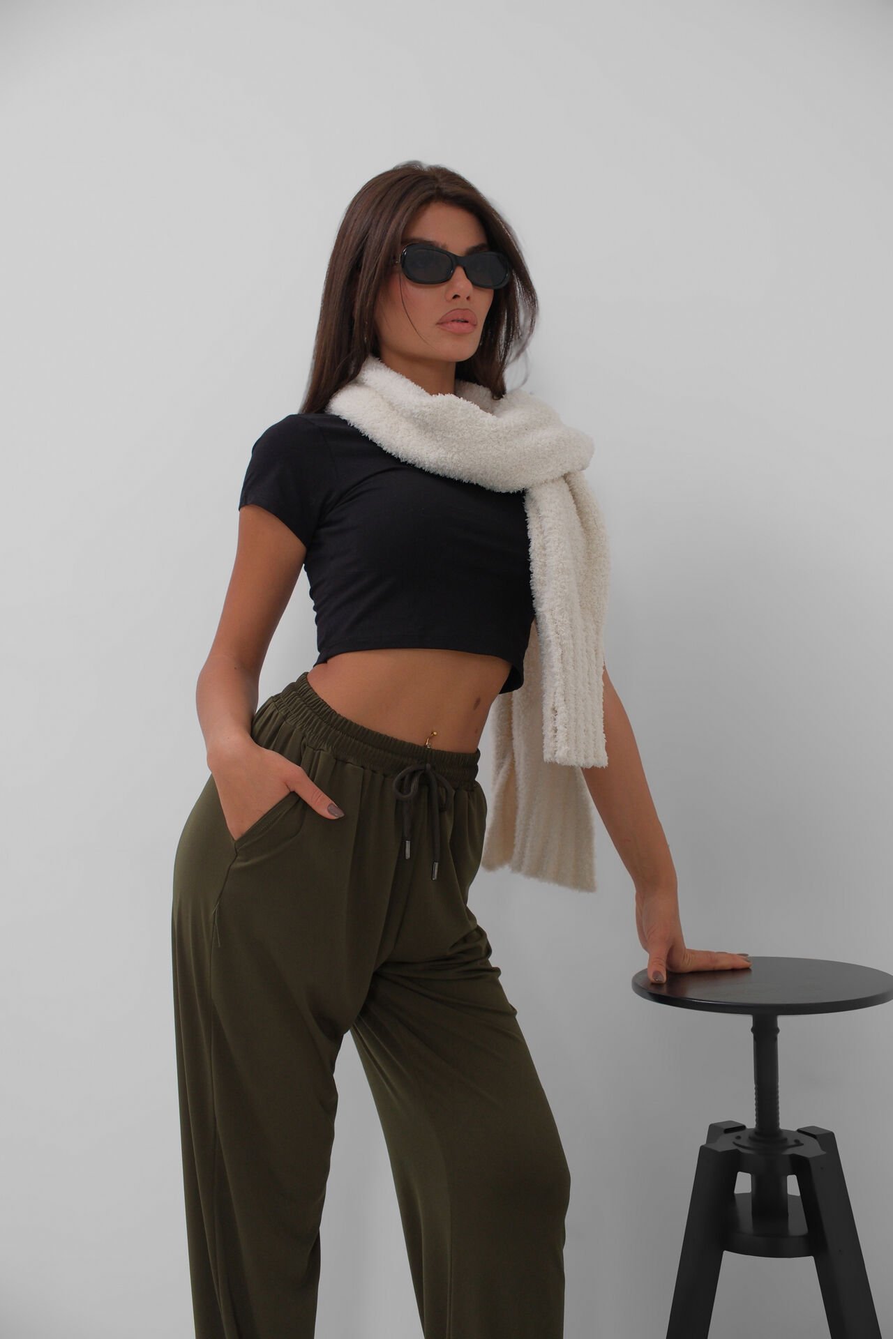 Wholesale Khaki Trousers with Elastic Waist and Slit Detail