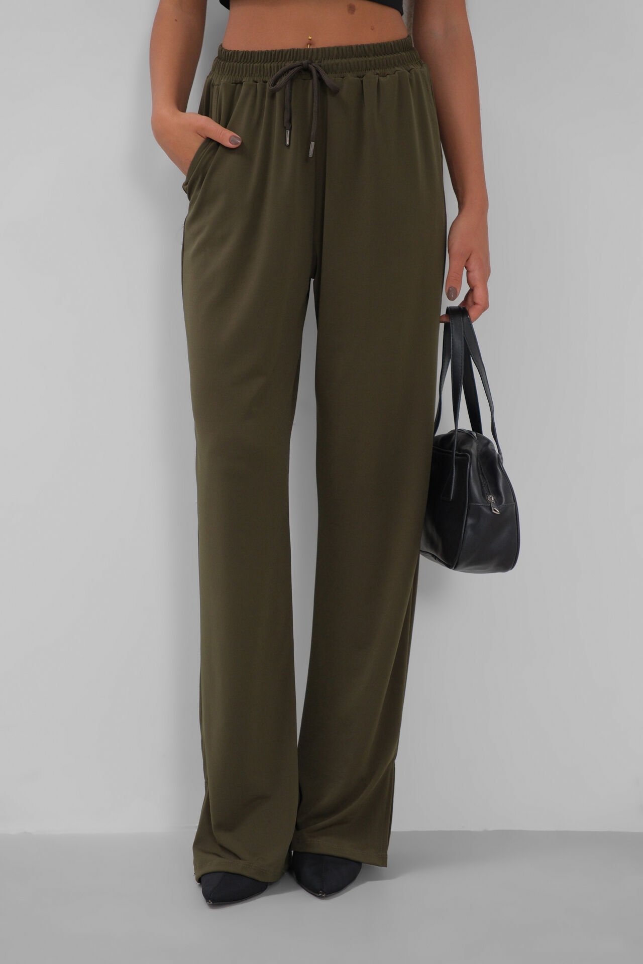Wholesale Khaki Trousers with Elastic Waist and Slit Detail