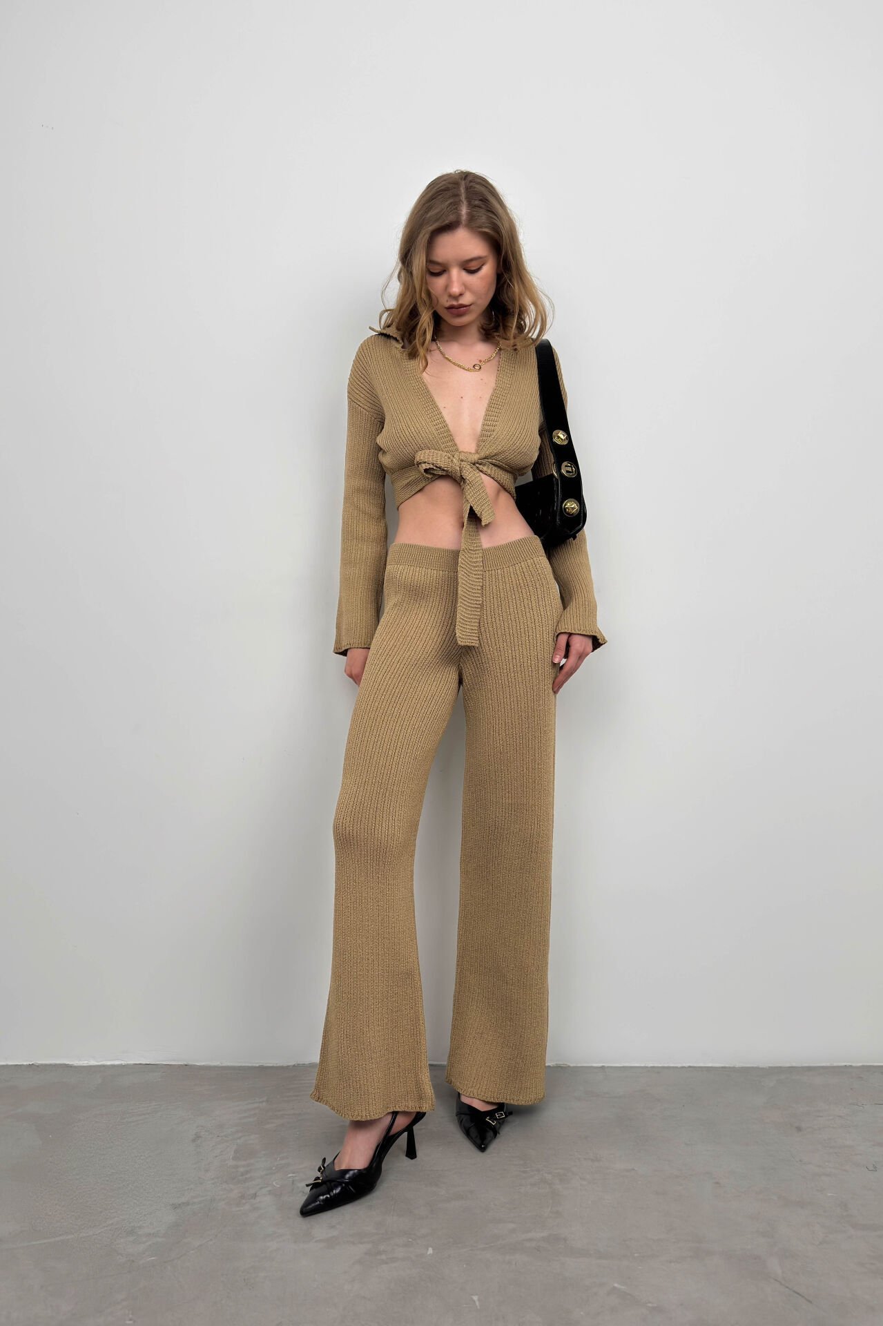 Toptan Polo Yaka Bağlamalı Crop Pantolon Takım