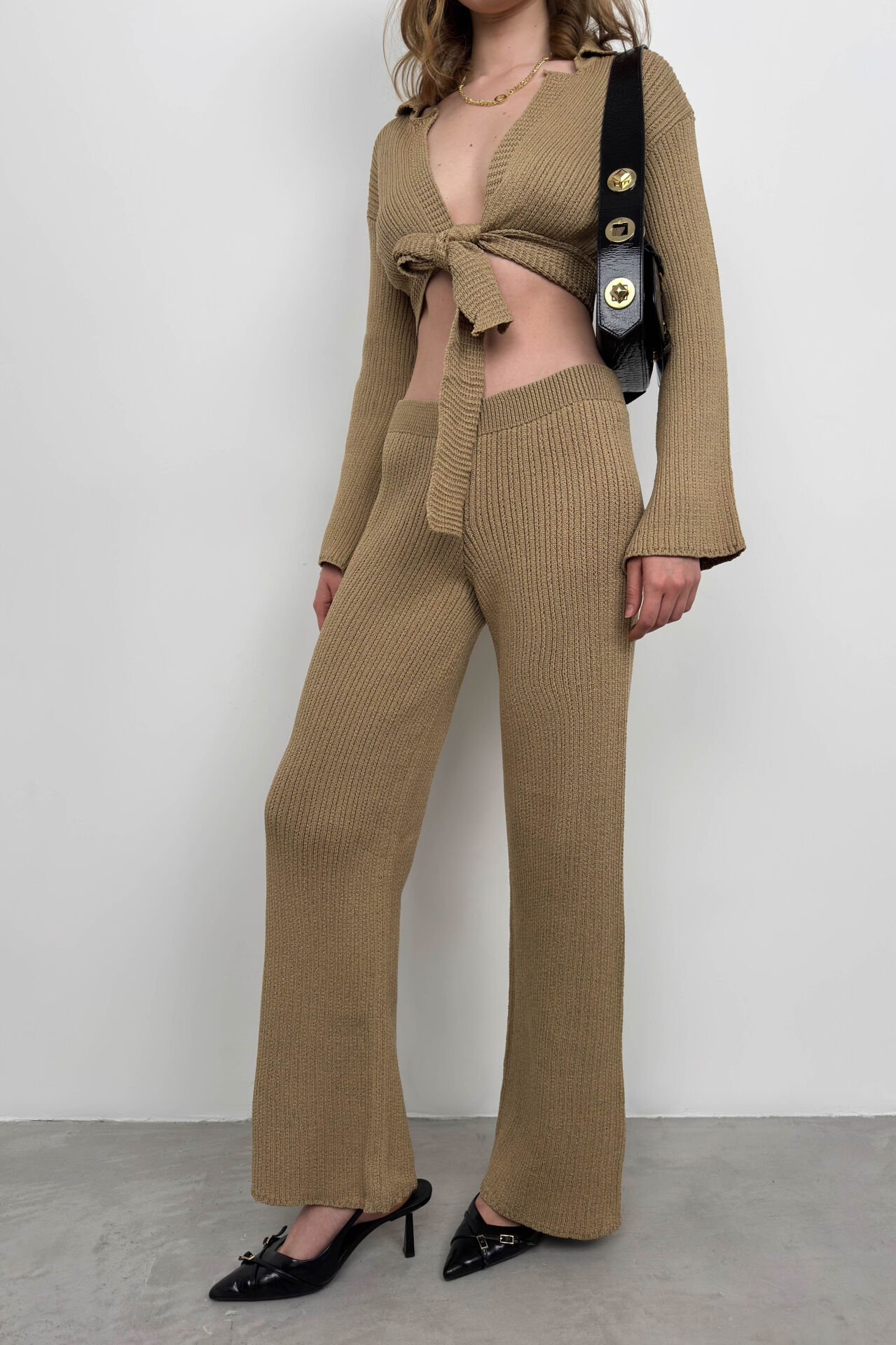 Toptan Polo Yaka Bağlamalı Crop Pantolon Takım