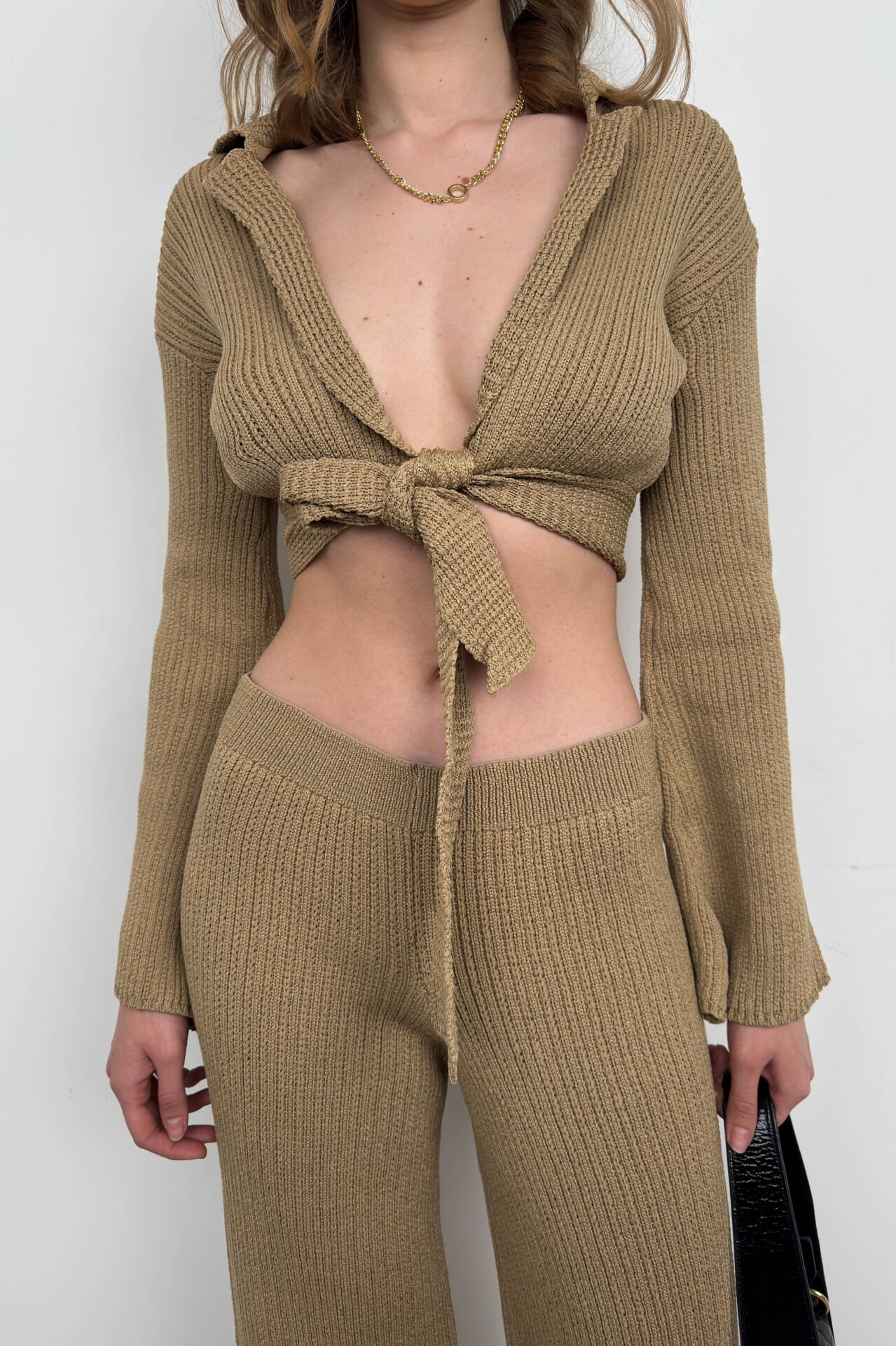 Toptan Polo Yaka Bağlamalı Crop Pantolon Takım