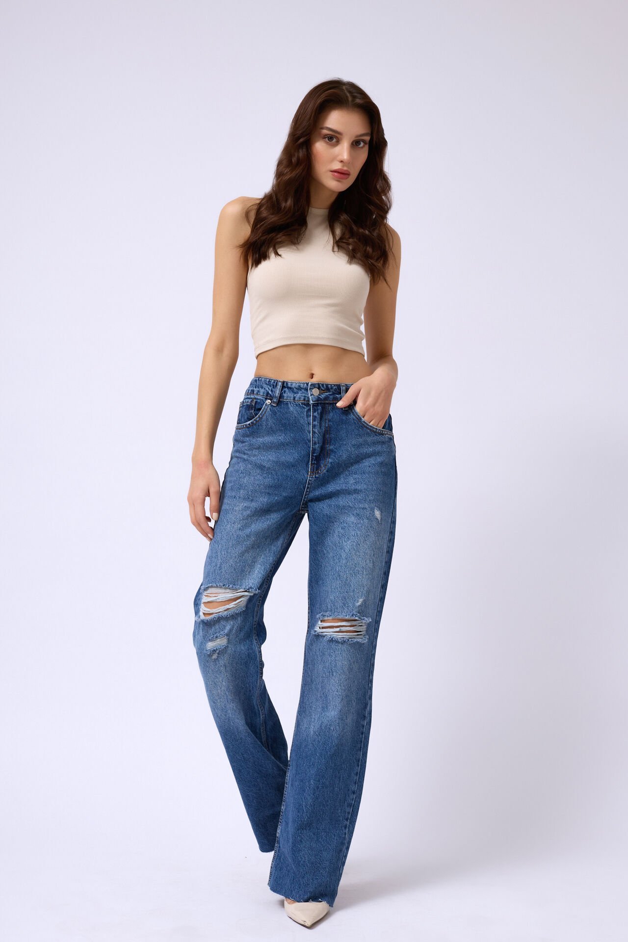 Wholesale Laser Cut Wide Leg Blue Jeans