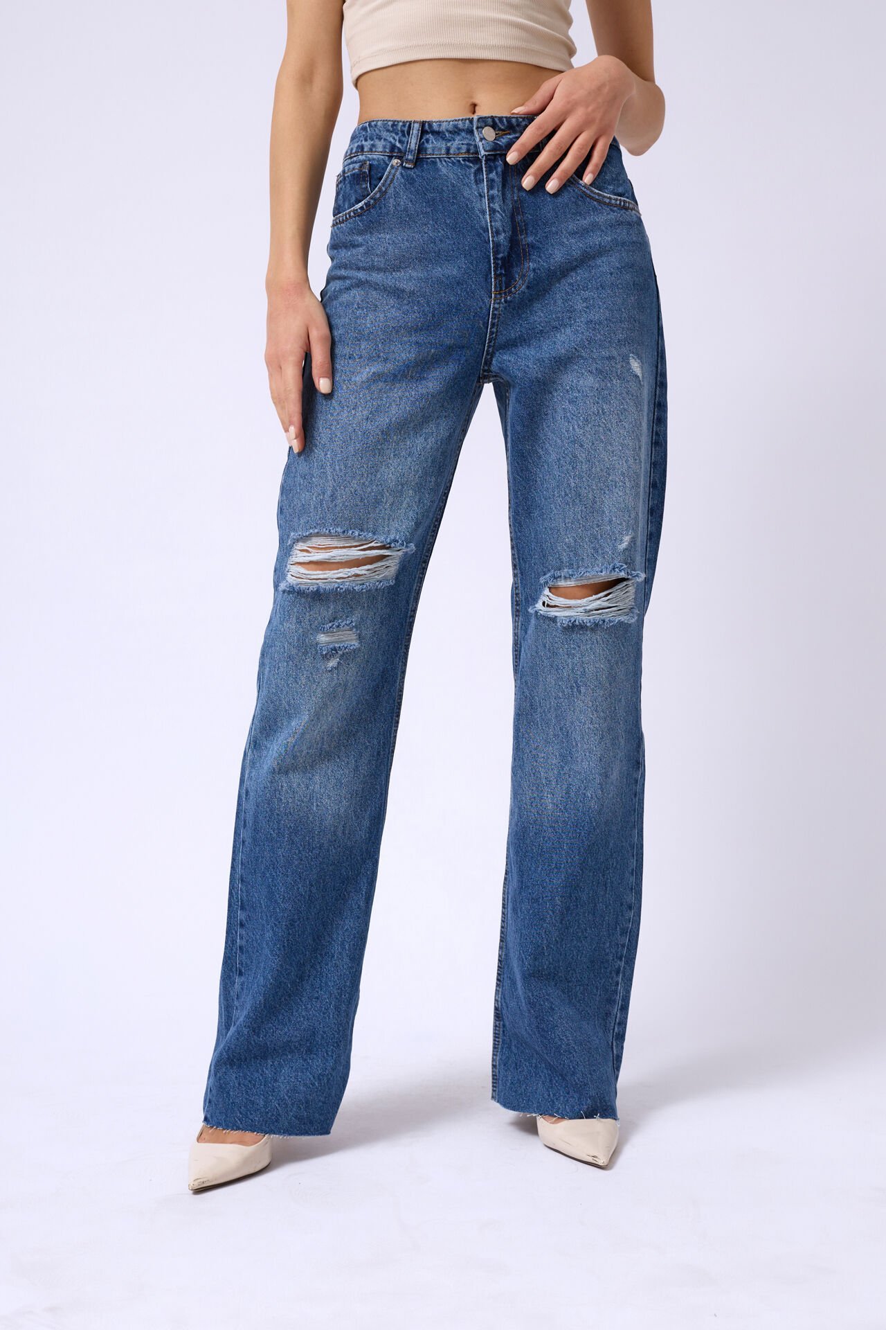 Wholesale Laser Cut Wide Leg Blue Jeans