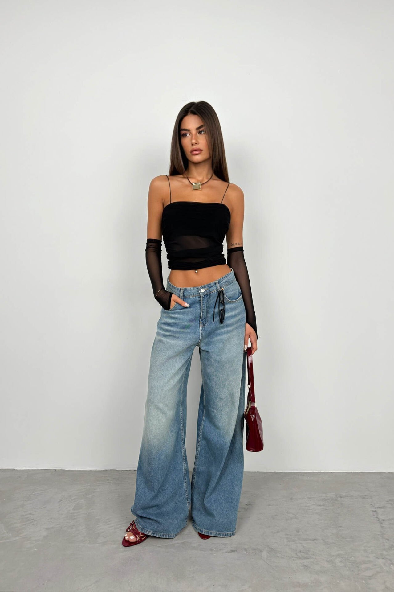 Wholesale Sleeve Detail Strap Black Tulle Blouse