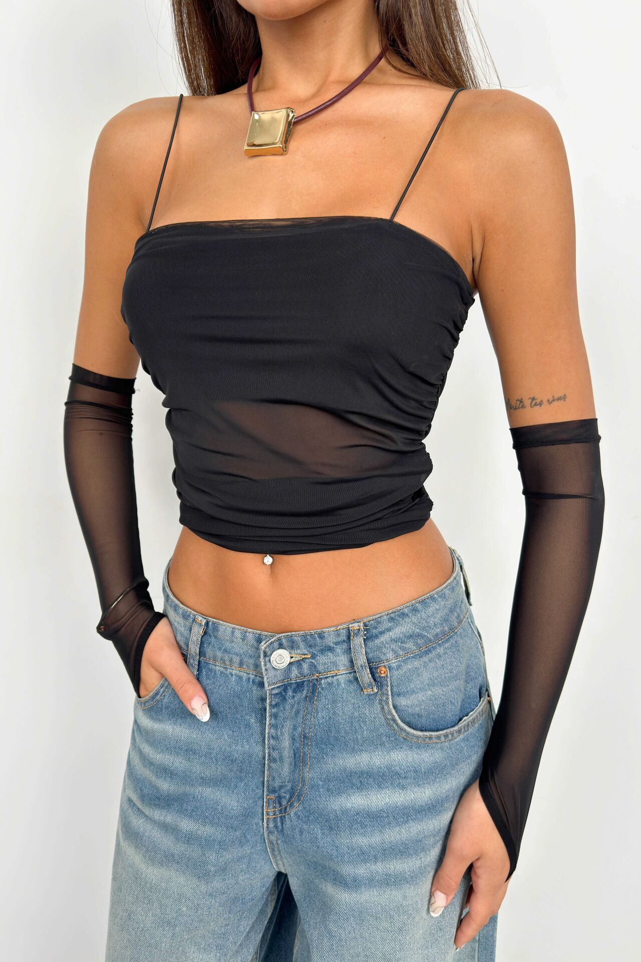 Wholesale Sleeve Detail Strap Black Tulle Blouse