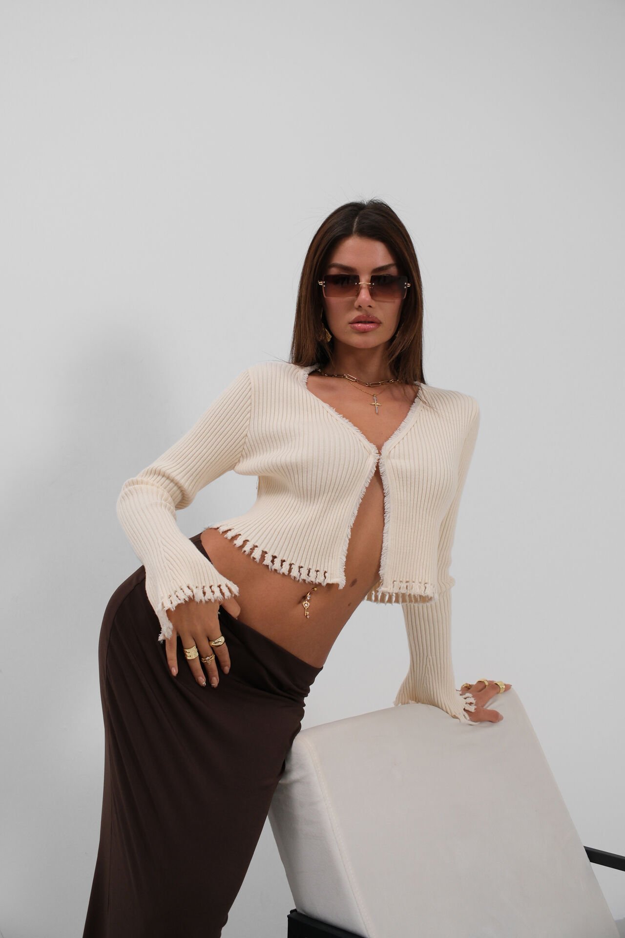 Wholesale Spanish Sleeve Ripped Detail Ecru Cardigan