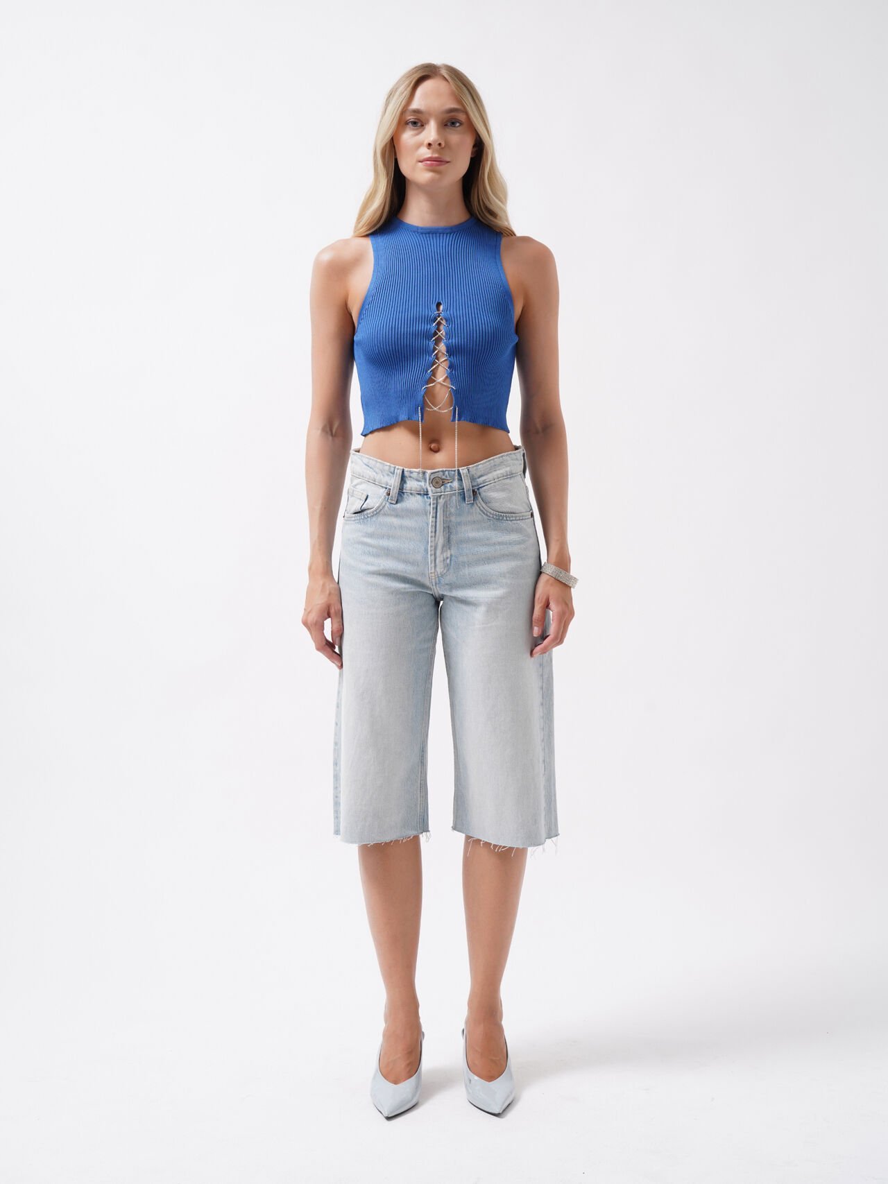 Toptan Taş Detay Dekolteli Saks Crop Bluz