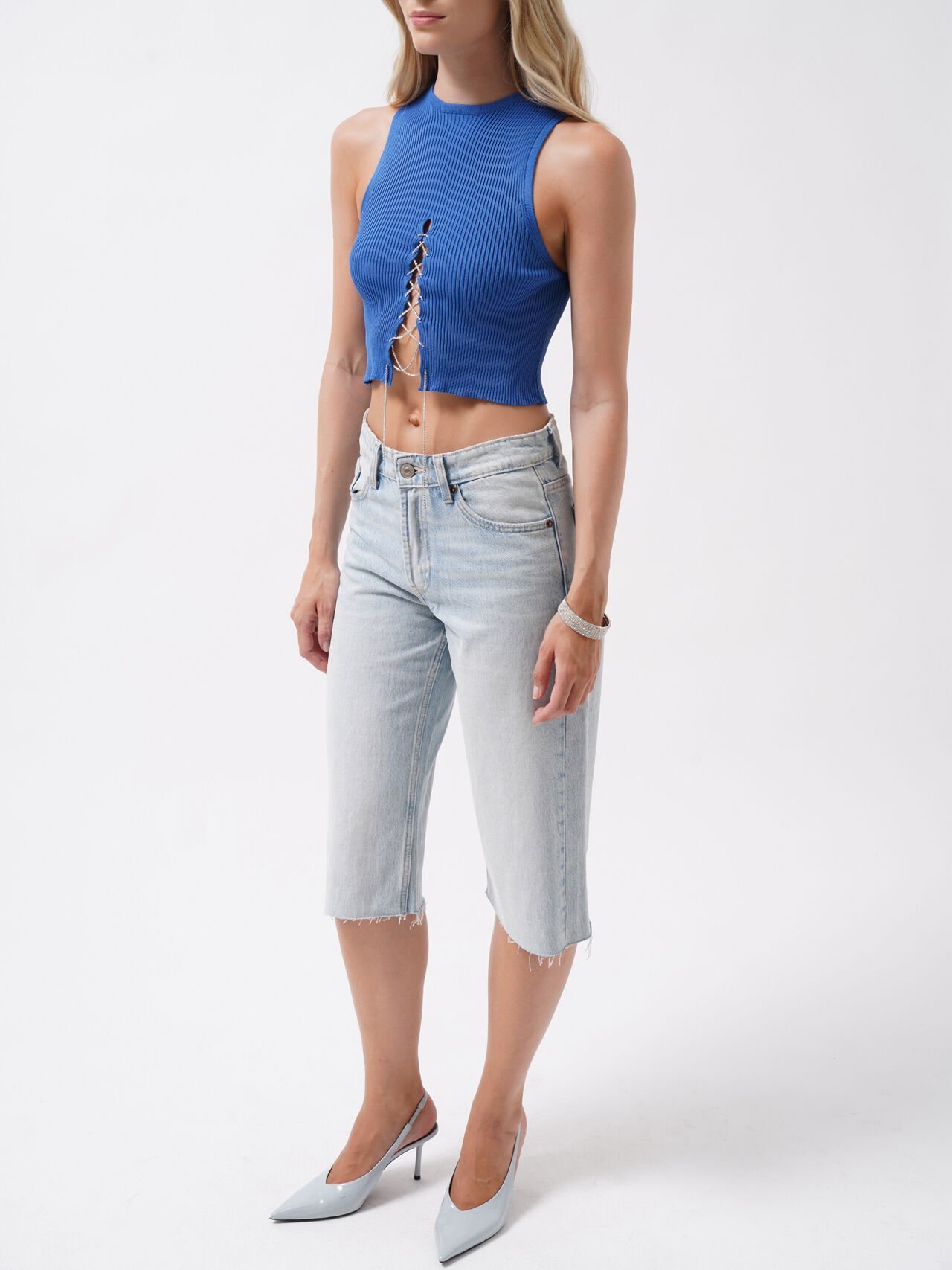 Toptan Taş Detay Dekolteli Saks Crop Bluz