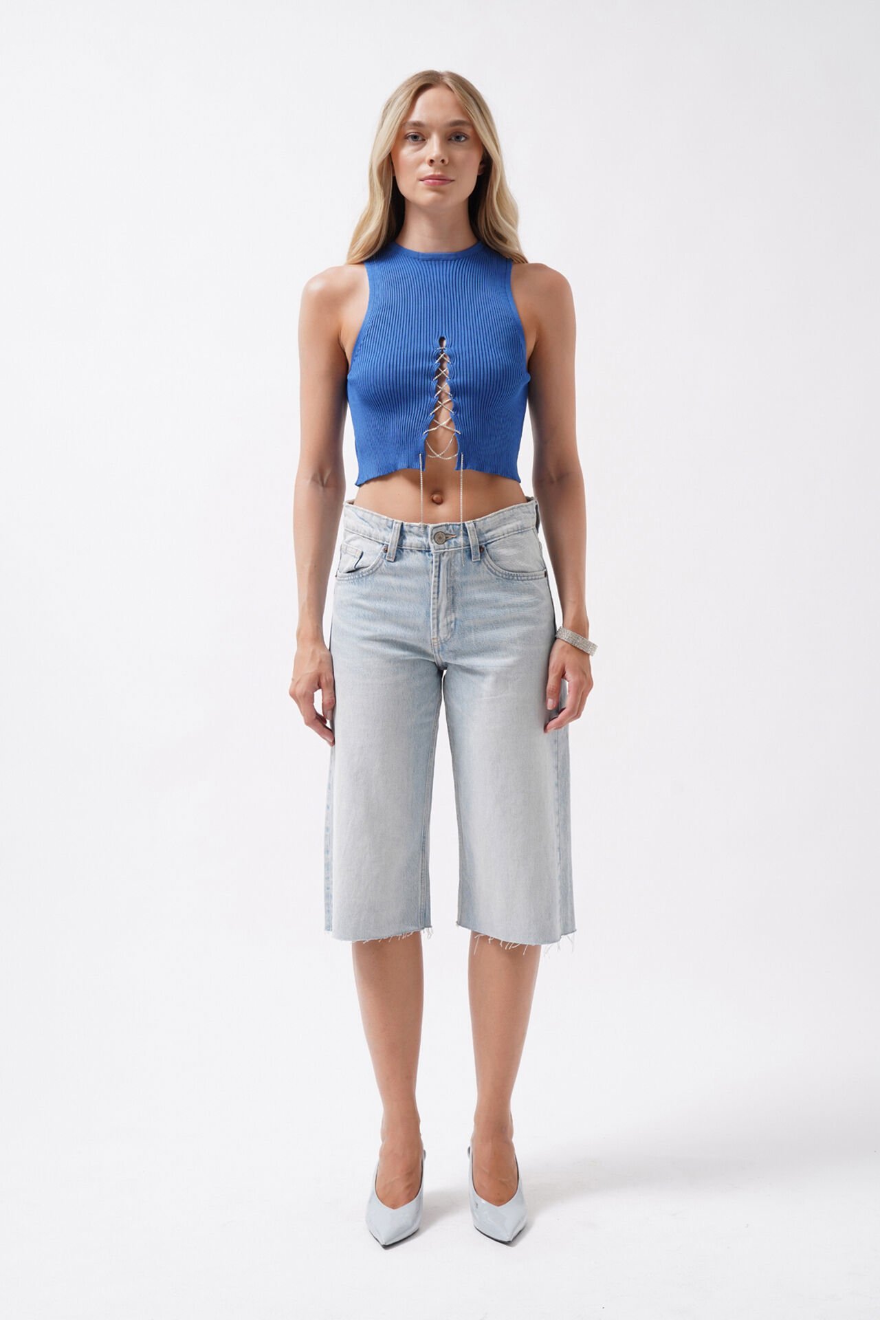 Stone Detailed Low-cut Crop Blouse