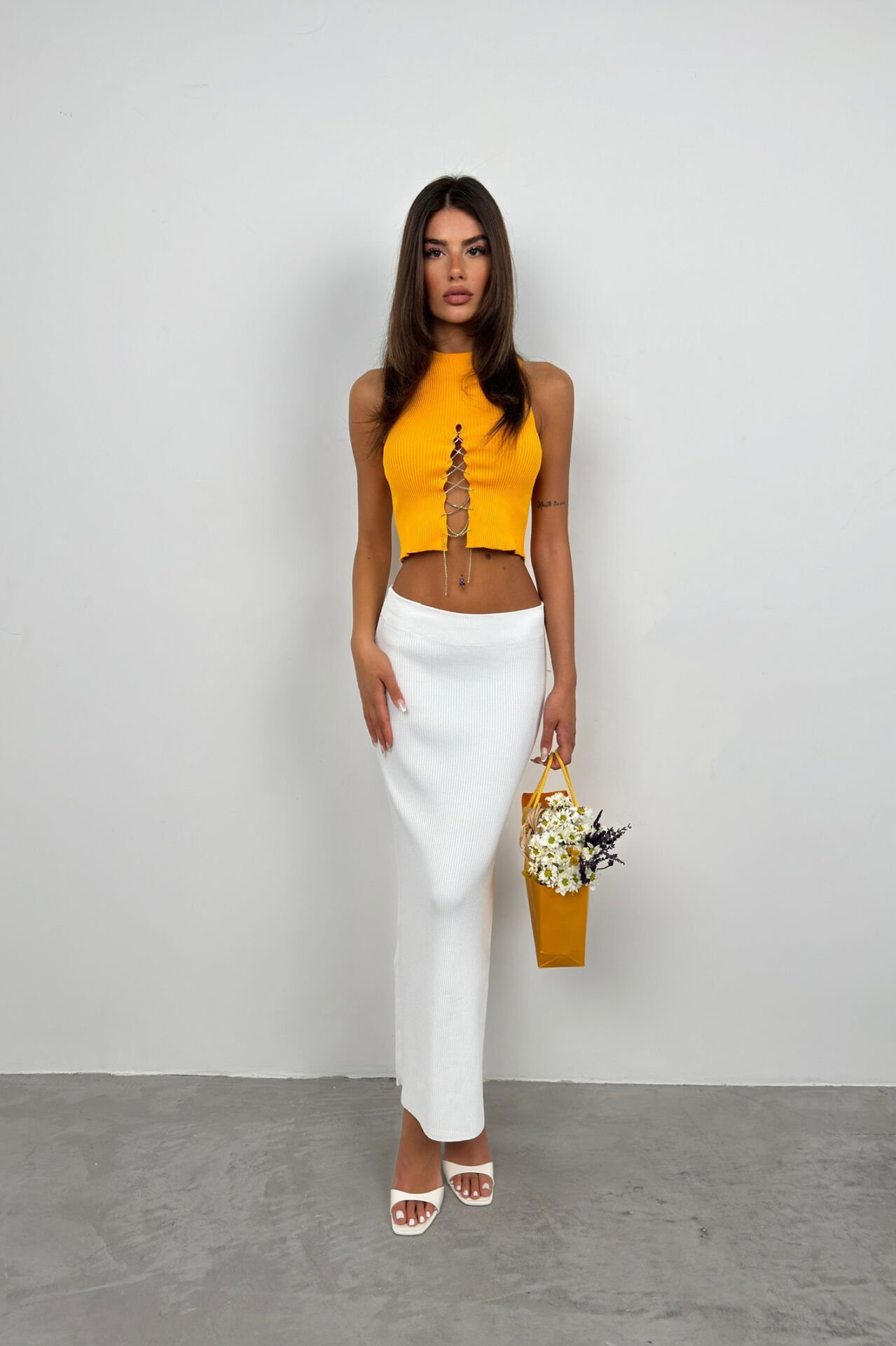 Stone Detailed Low-cut Crop Blouse