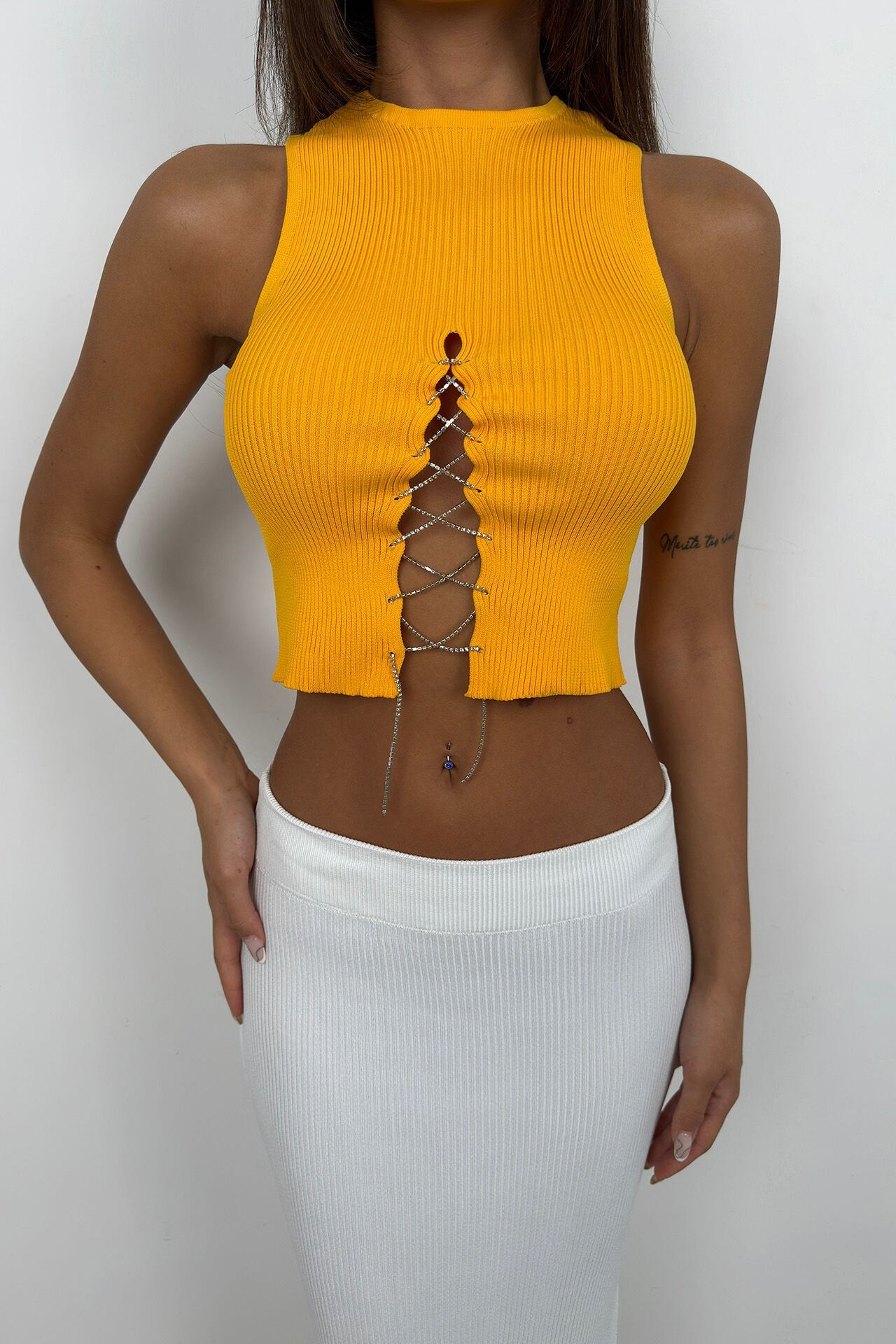 Stone Detailed Low-cut Crop Blouse
